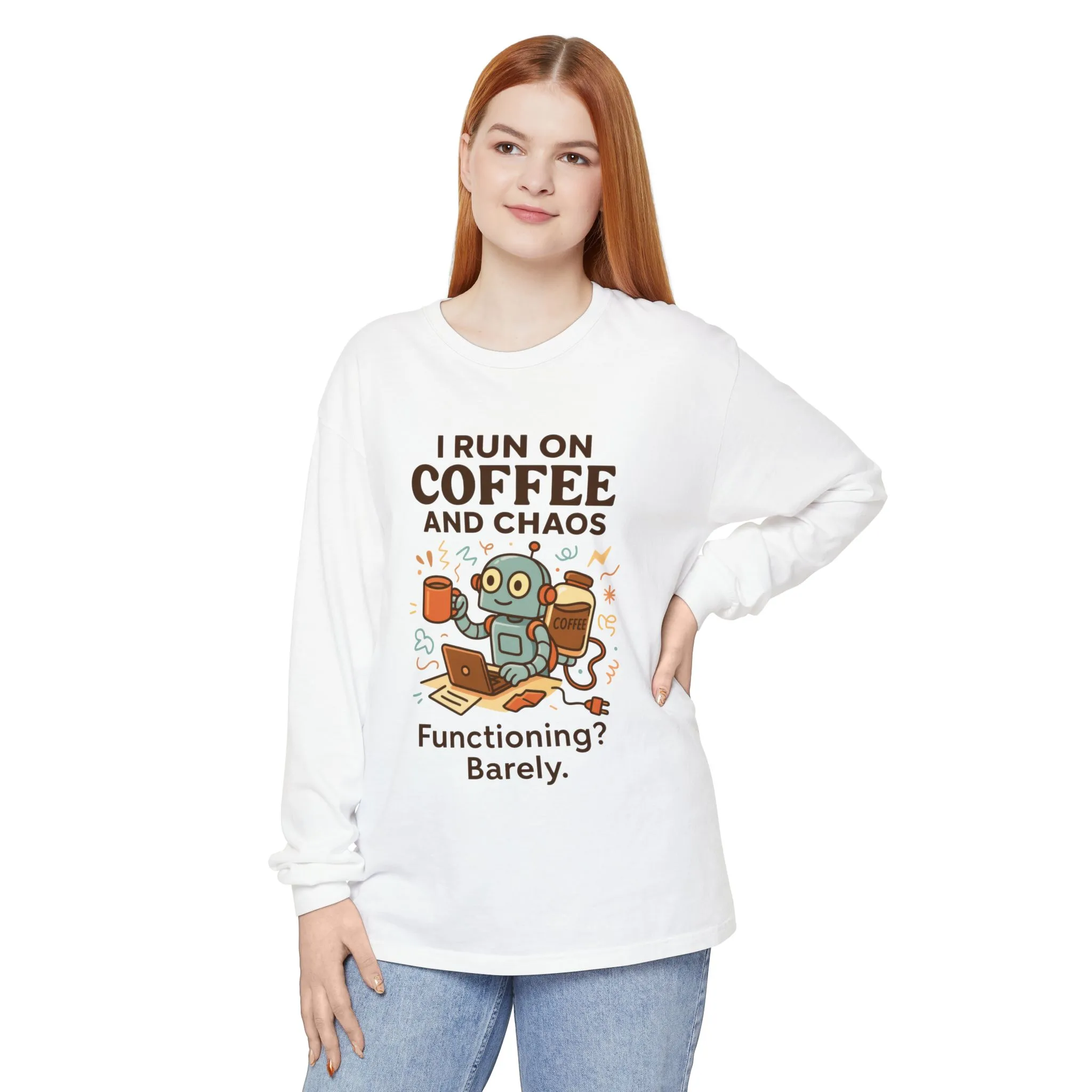 Coffee Chaos Long Sleeve Tee, Funny T-Shirt, Quirky Gift for Coffee Lovers, Unisex Top for Busy Lives, Work from Home Humor Tee - Image 6