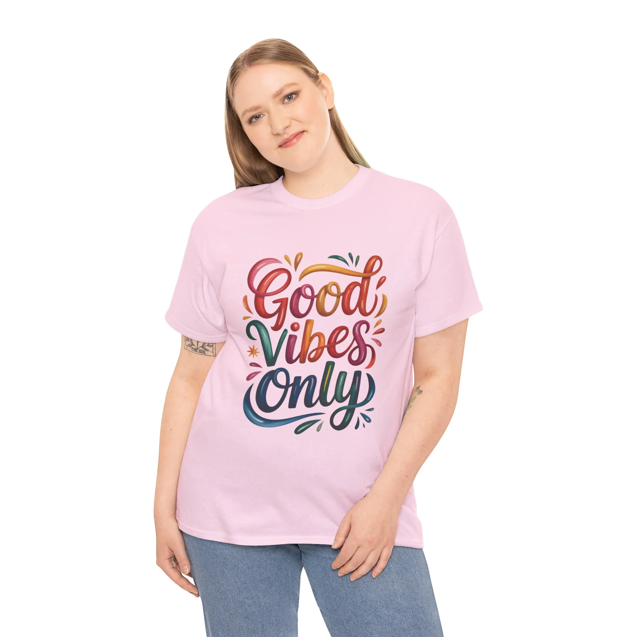 Good Vibes Only Womens Heavy Cotton Tee, Casual Wear, Gift for Friends, Relaxed Fit, Summer Style, Positive Affirmation Shirt - Image 3