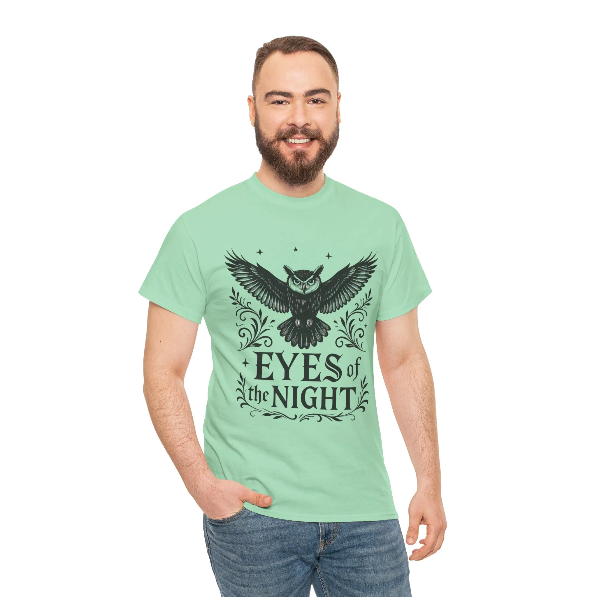Cool Owl Graphic Unisex Heavy Cotton Tee, Flying Owl Art T-Shirt, Animal Print Tee, Gothic Bird Graphic Tee, Mens Gothic Style Shirt - Image 17