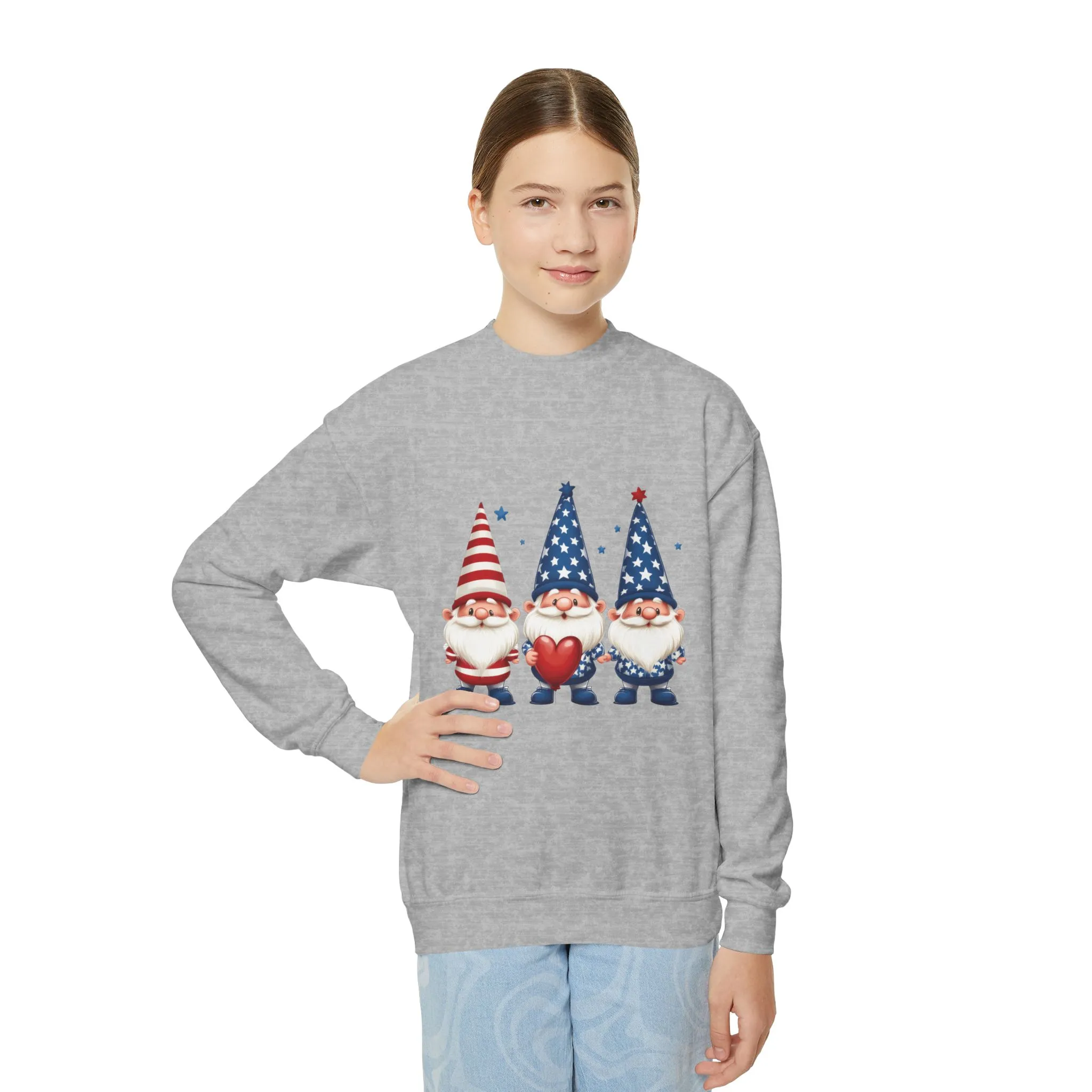 Patriotic Gnome Youth Crewneck Sweatshirt, 4th of July Sweatshirt, Cute Gnome Pullover, Summer Camp Outfit, Kids Holiday Apparel - Image 4