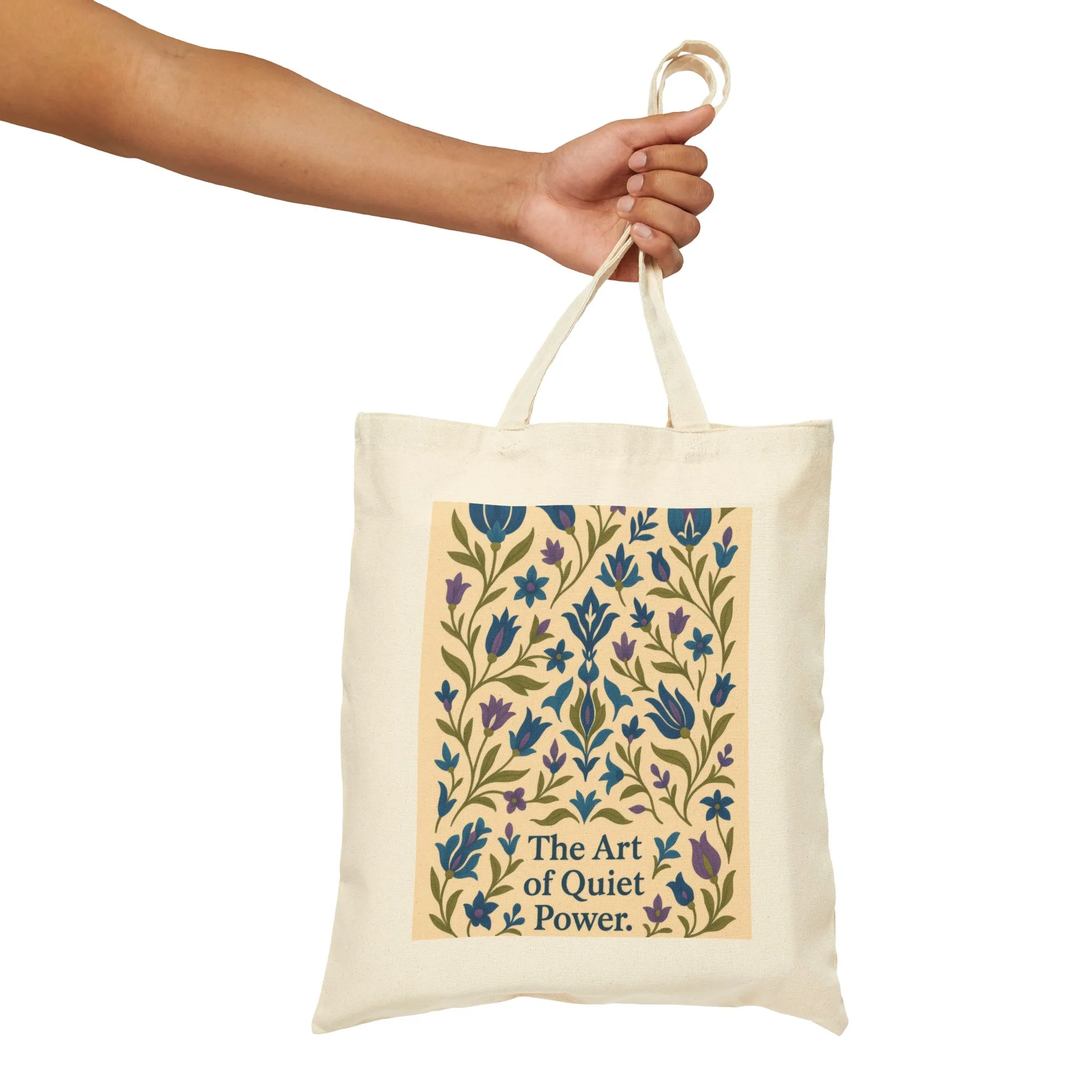 The Art of Quiet Power Tote Bag, Elegant Blue Floral Pattern Canvas Bag, Minimal Botanical Turkish Tile Inspired Gift Bag - Image 4