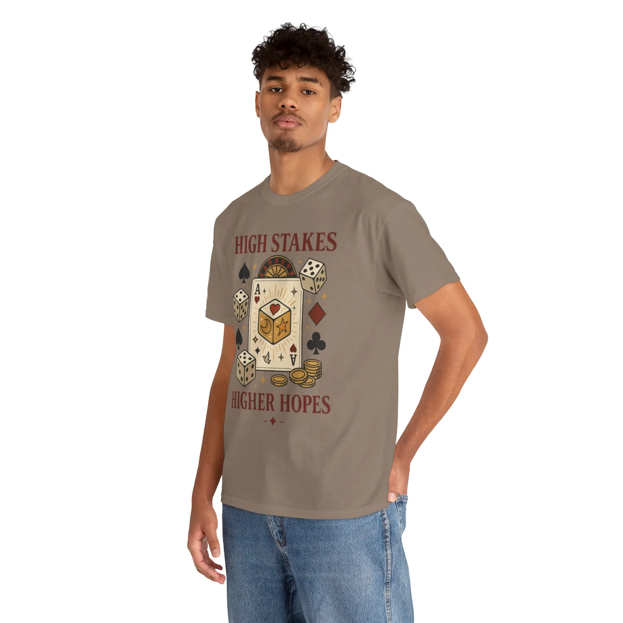High Stakes, Higher Hopes Graphic Tee, Unisex Gambling Gift, Dice and Card Theme Shirt, Casual Wear, Game Night Apparel - Image 8