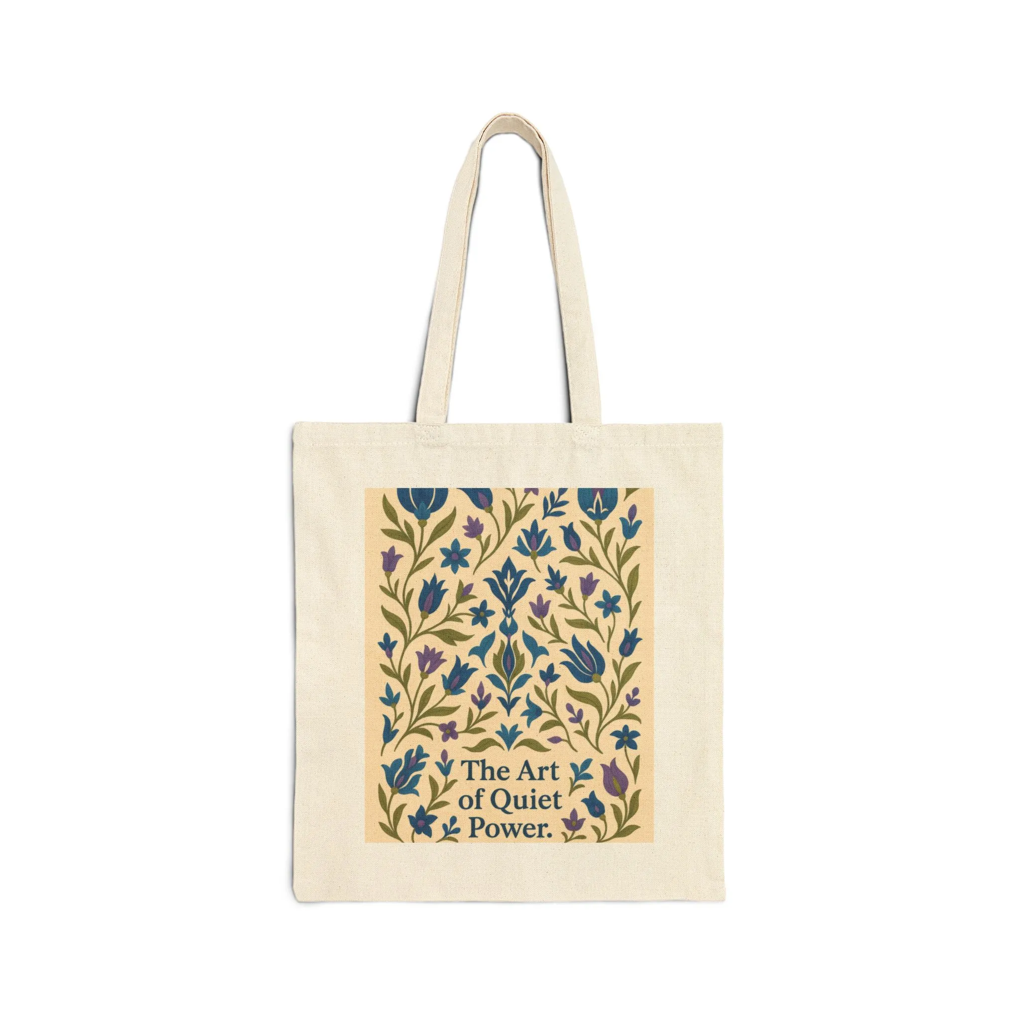 The Art of Quiet Power Tote Bag, Elegant Blue Floral Pattern Canvas Bag, Minimal Botanical Turkish Tile Inspired Gift Bag - Image 2