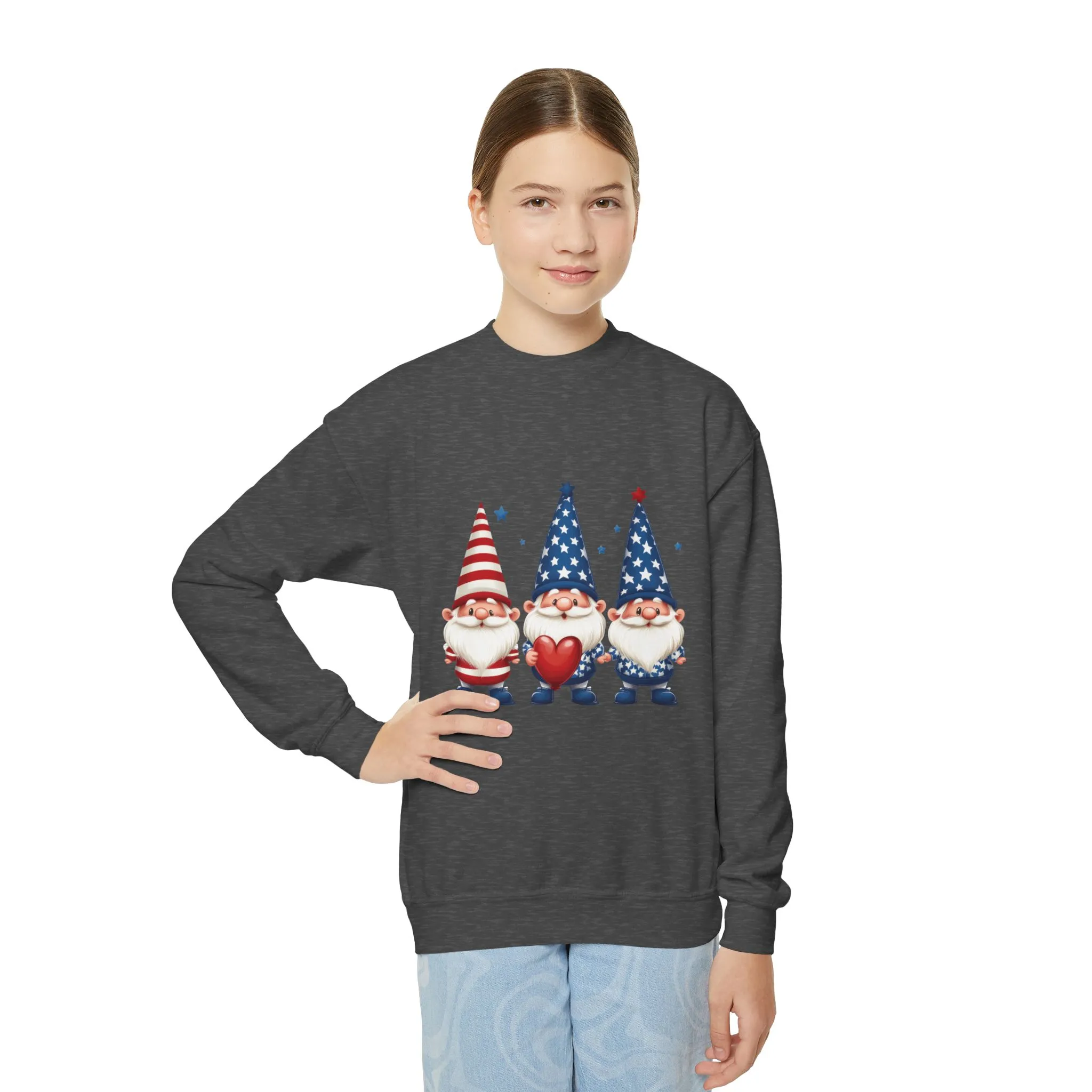 Patriotic Gnome Youth Crewneck Sweatshirt, 4th of July Sweatshirt, Cute Gnome Pullover, Summer Camp Outfit, Kids Holiday Apparel - Image 6