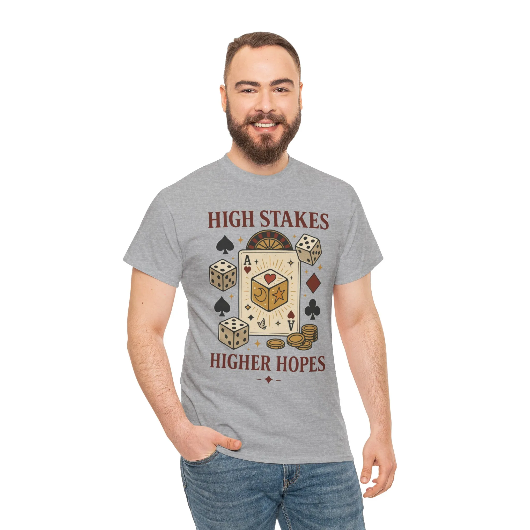 High Stakes, Higher Hopes Graphic Tee, Unisex Gambling Gift, Dice and Card Theme Shirt, Casual Wear, Game Night Apparel - Image 5