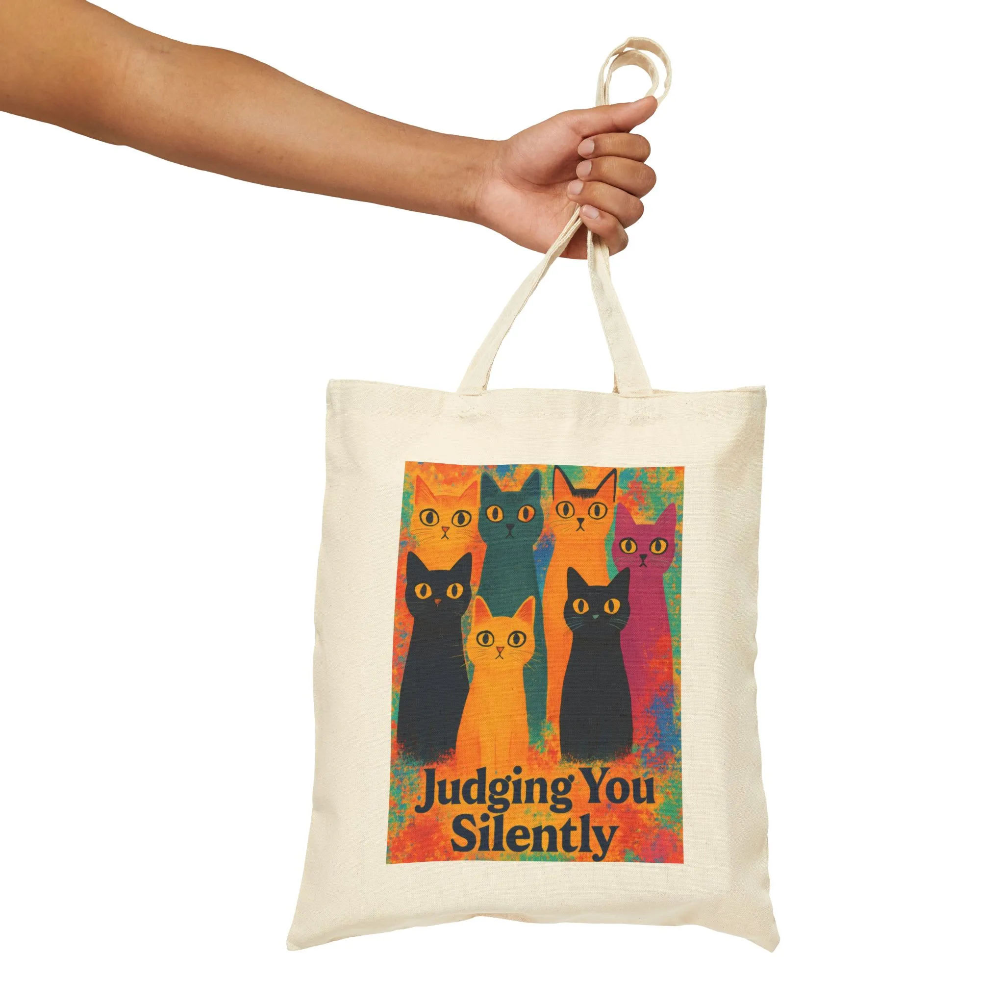 Colorful Funny Cat Illustration Tote Bag, Judging You Silently, Artistic Rainbow Cat Lover Gift, Pet-themed Bag - Image 4