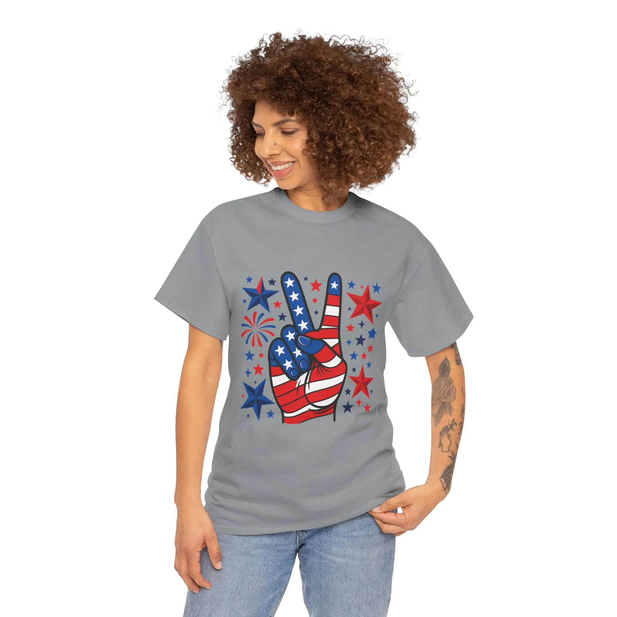 Patriotic Peace Hand Unisex Heavy Cotton Tee - Ideal for July 4th, Independence Day, Celebrations, Casual Wear, Everyday Style - Image 32