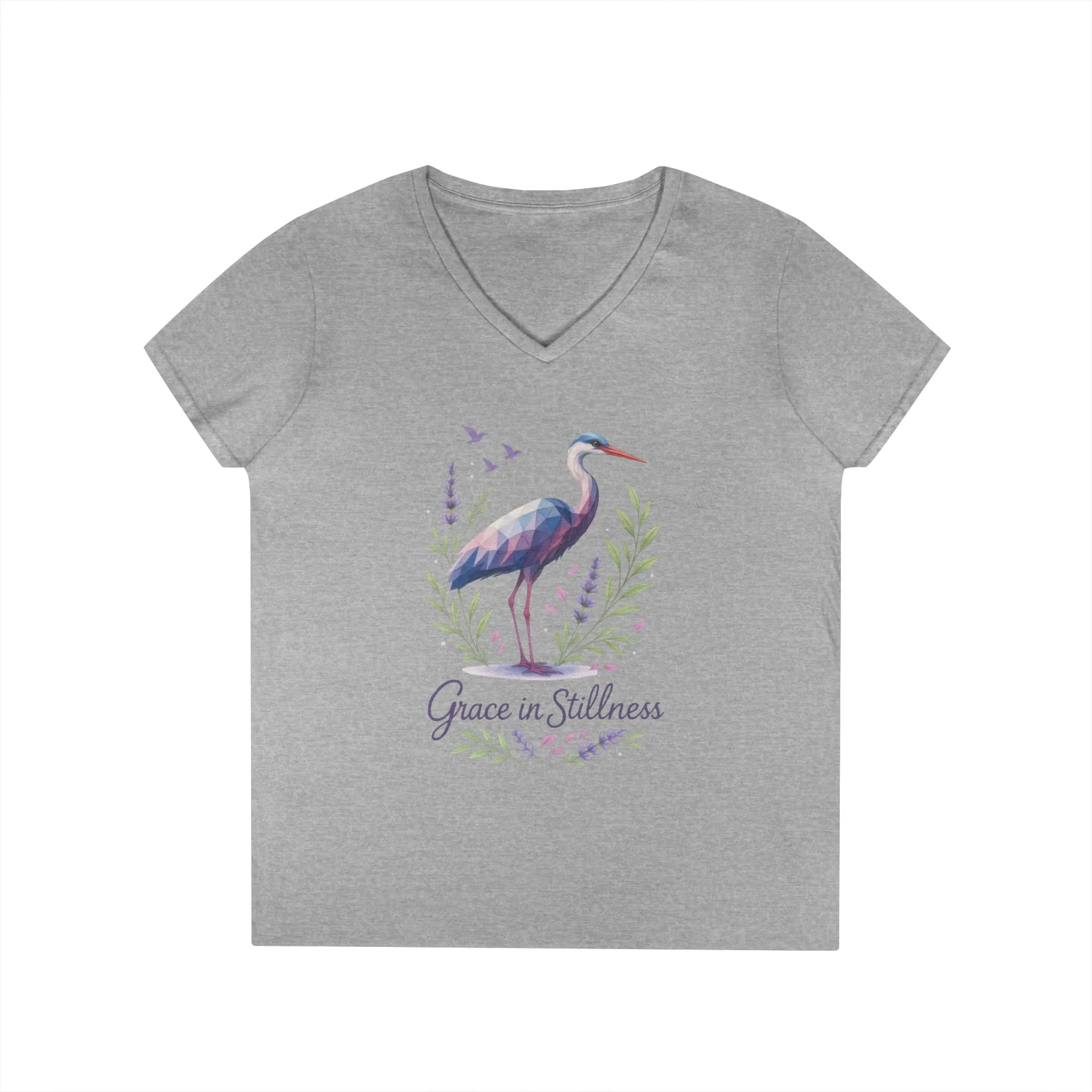 Ladies' V-Neck T-Shirt with Heron Design - Grace in Stillness, Relaxed Fit, Nature-Inspired Gift, Travel Tee, Summer Fashion - Image 7