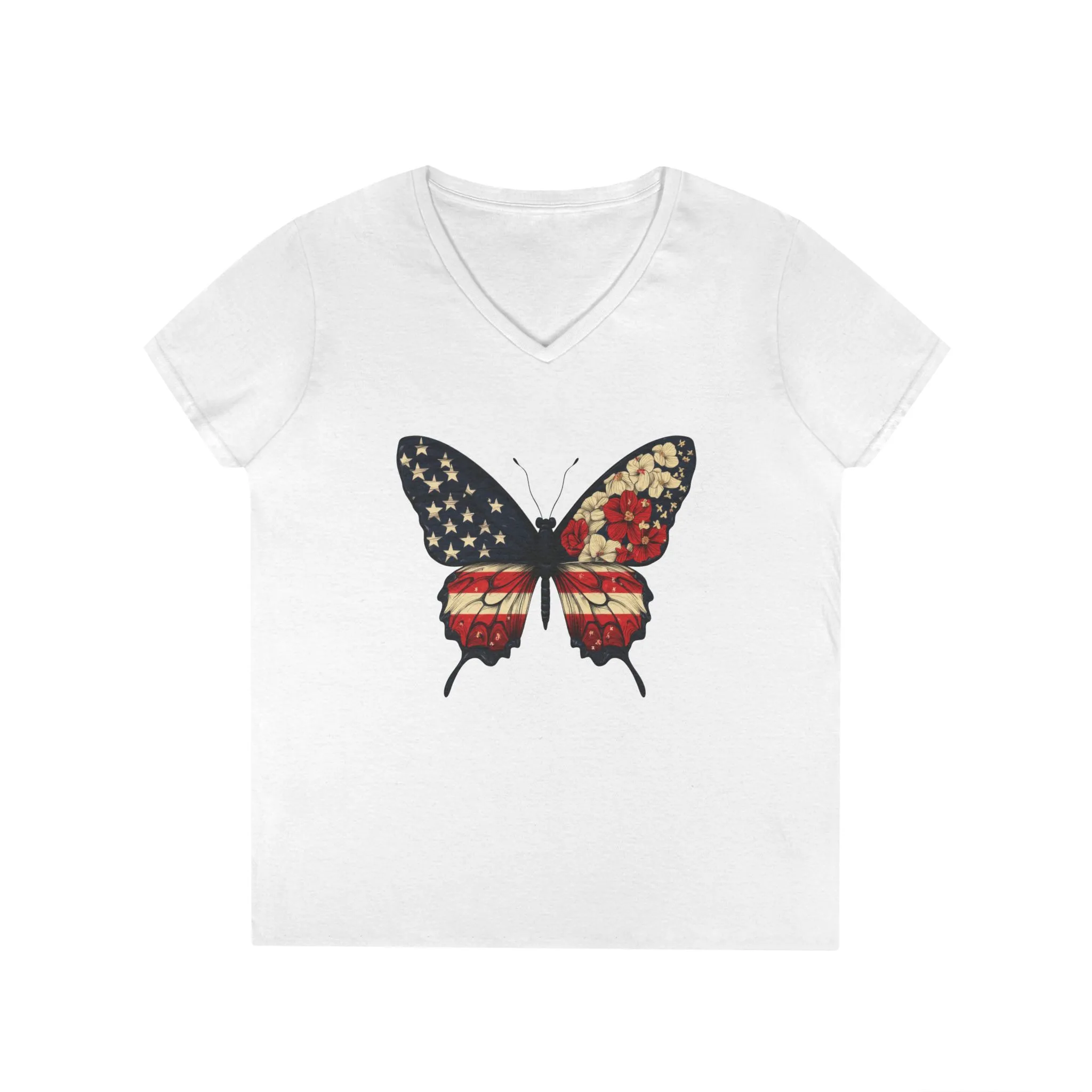 Patriotic Butterfly V-Neck T-Shirt, Summer Style, Gifts for Her, Independence Day, Casual Wear, Nature Lovers - Image 4