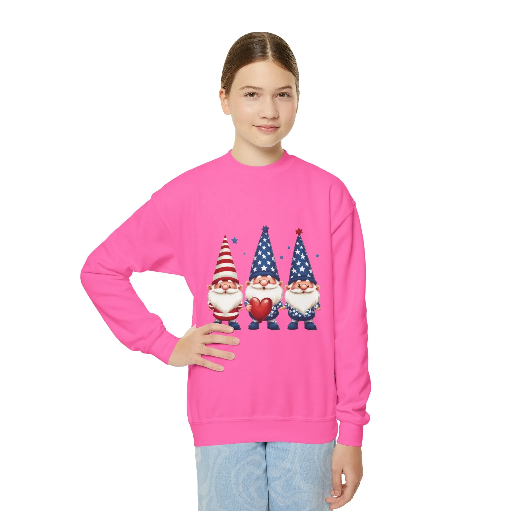 Patriotic Gnome Youth Crewneck Sweatshirt, 4th of July Sweatshirt, Cute Gnome Pullover, Summer Camp Outfit, Kids Holiday Apparel - Image 10