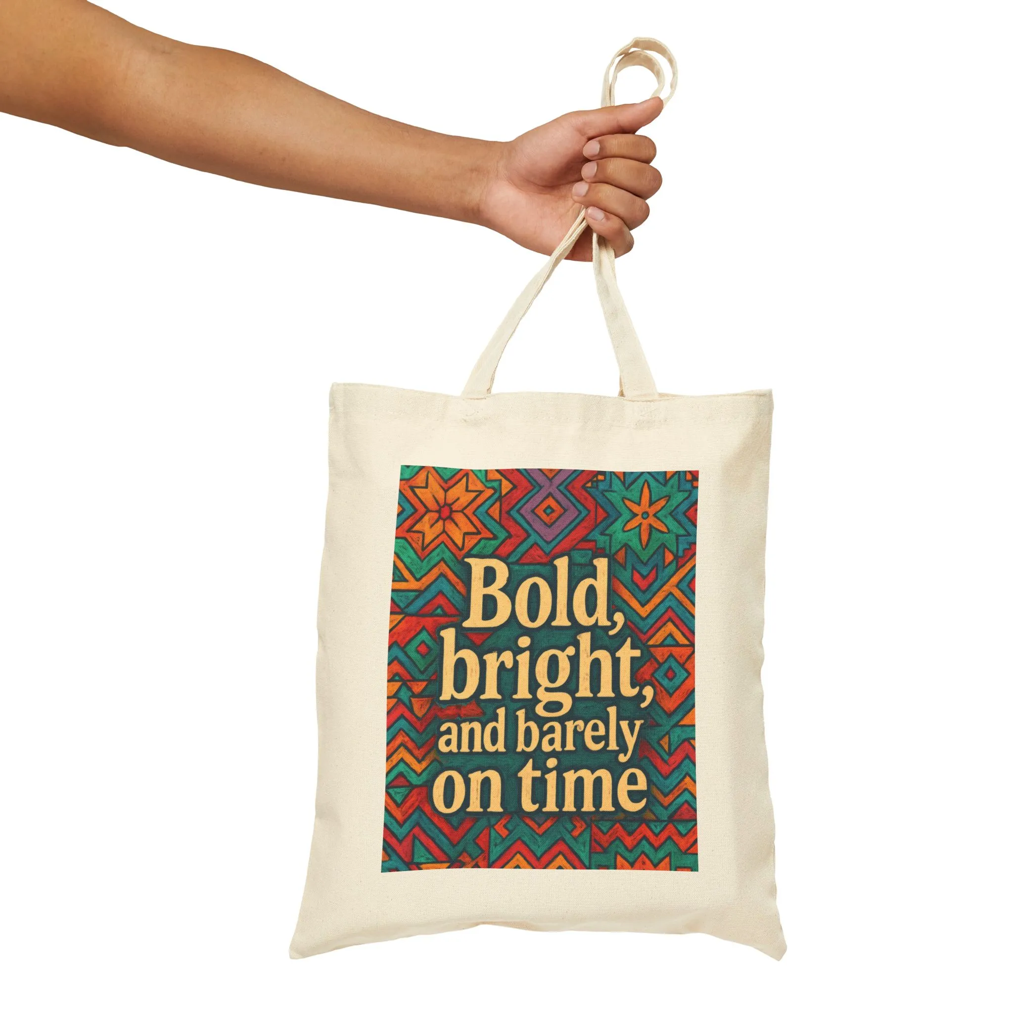 Bold Bright and Barely On Time Tote Bag, Colorful Retro Quote Canvas Bag, Funny Colorful Grocery Bag, Vibrant Motivational Text Print - Image 10