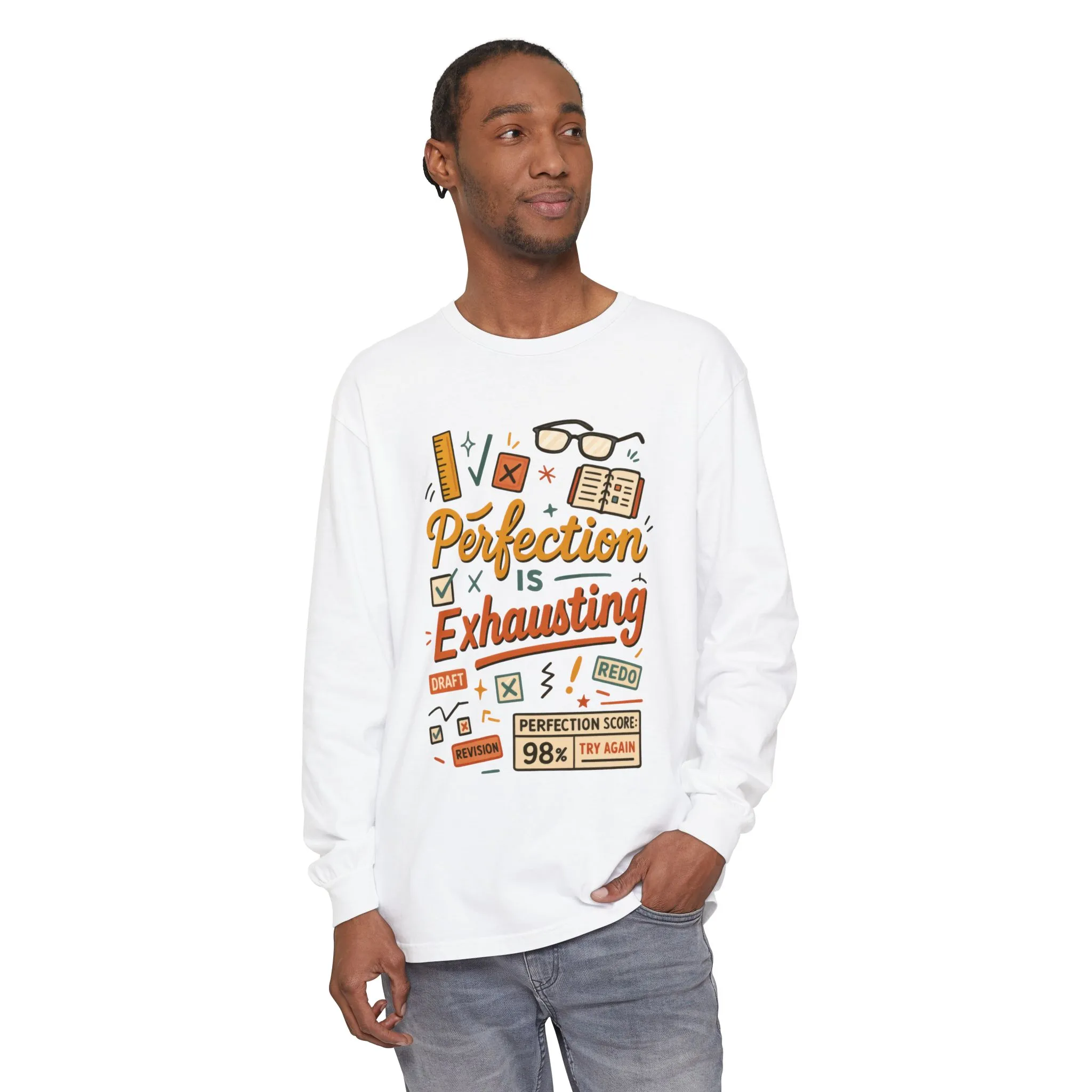 Stress Relief Long Sleeve Tee, Perfect for Perfectionists, Humorous Gift, Back-to-School, Gift for Graduates, Motivational Apparel - Image 5
