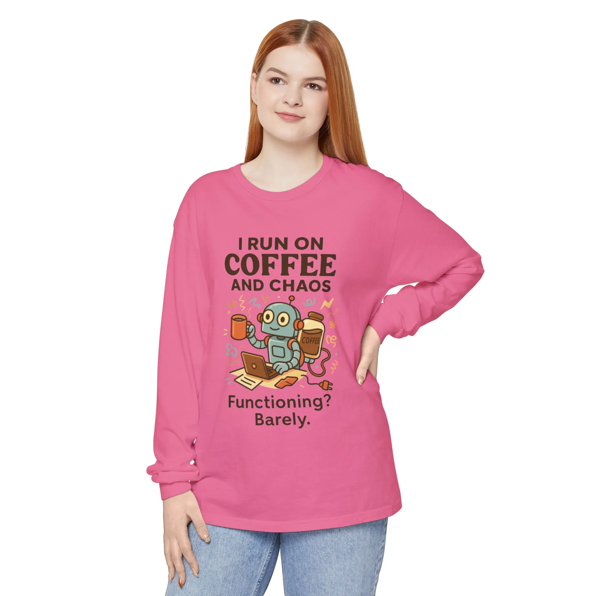 Coffee Chaos Long Sleeve Tee, Funny T-Shirt, Quirky Gift for Coffee Lovers, Unisex Top for Busy Lives, Work from Home Humor Tee - Image 22