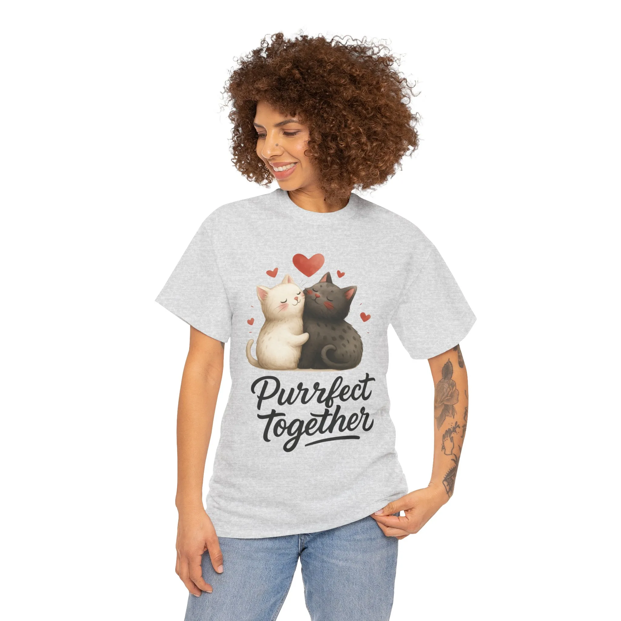 Purrfect Together Cat Tee, Cute Cat Lovers Gift, Funny Animal T-Shirt, Unisex Cotton Graphic Tee, Perfect for Valentine's Day, Pet [...] - Image 5