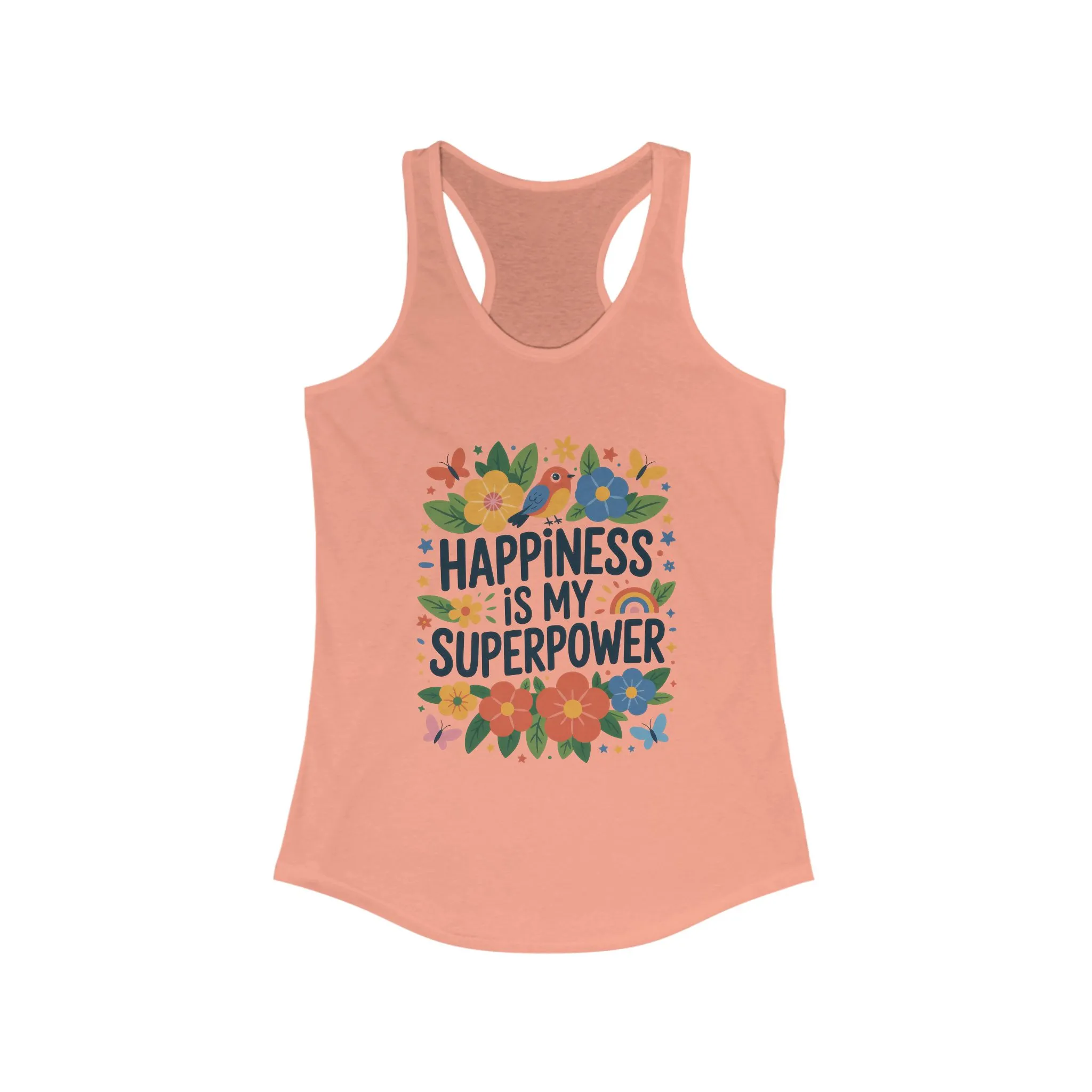 Happiness Is My Superpower Women's Racerback Tank, Inspirational Workout Top, Floral Graphic Tee, Gift for Her, Motivational Summer Wear - Image 5
