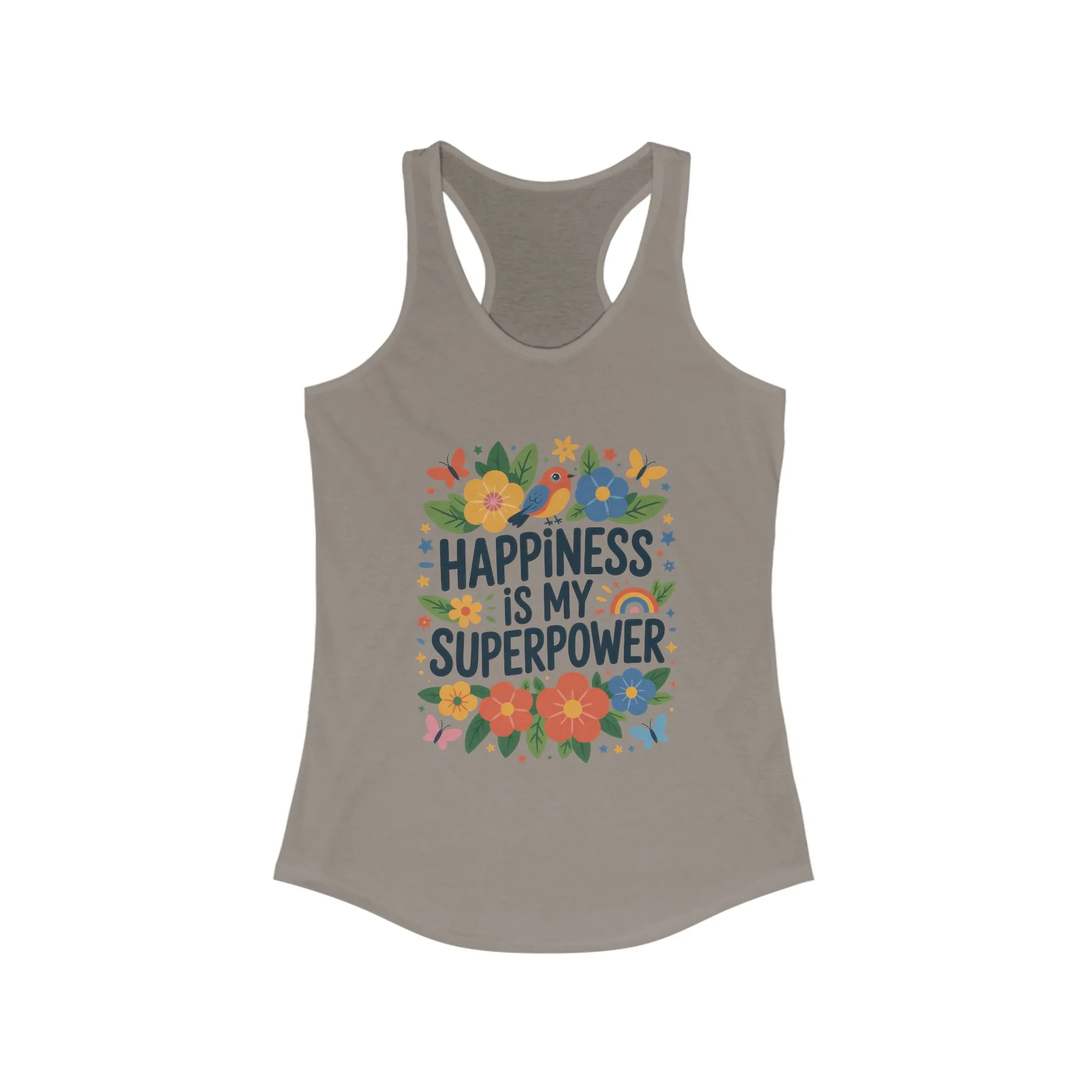 Happiness Is My Superpower Women's Racerback Tank, Inspirational Workout Top, Floral Graphic Tee, Gift for Her, Motivational Summer Wear - Image 7
