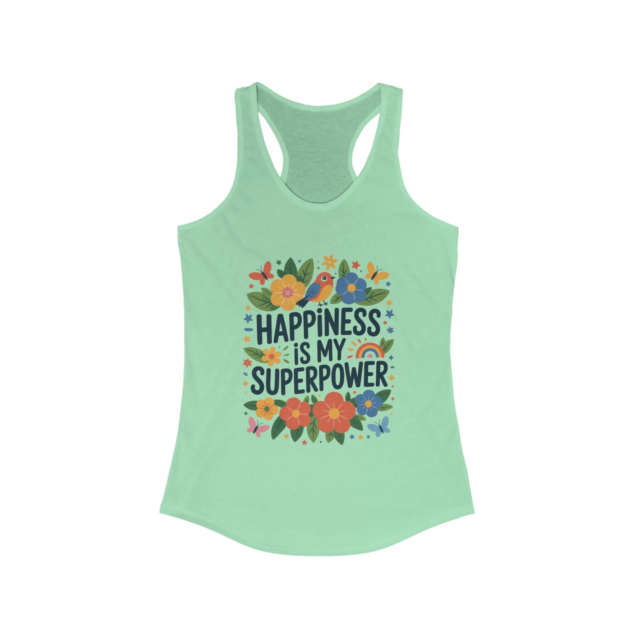 Happiness Is My Superpower Women's Racerback Tank, Inspirational Workout Top, Floral Graphic Tee, Gift for Her, Motivational Summer Wear - Image 9