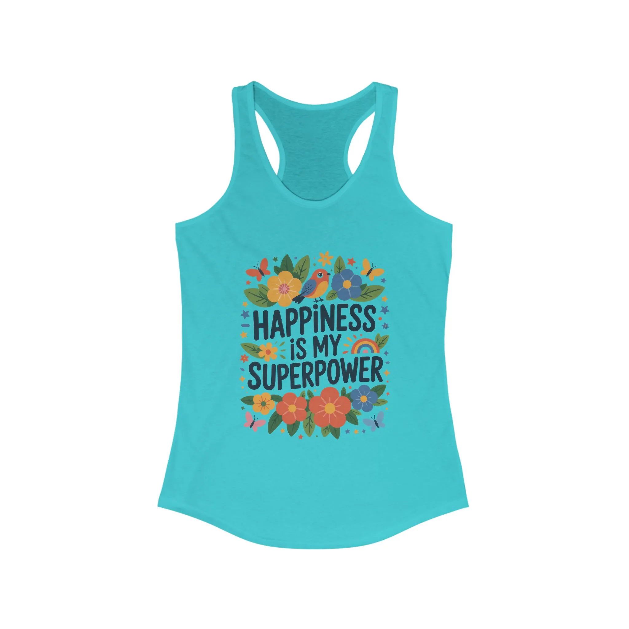 Happiness Is My Superpower Women's Racerback Tank, Inspirational Workout Top, Floral Graphic Tee, Gift for Her, Motivational Summer Wear - Image 11