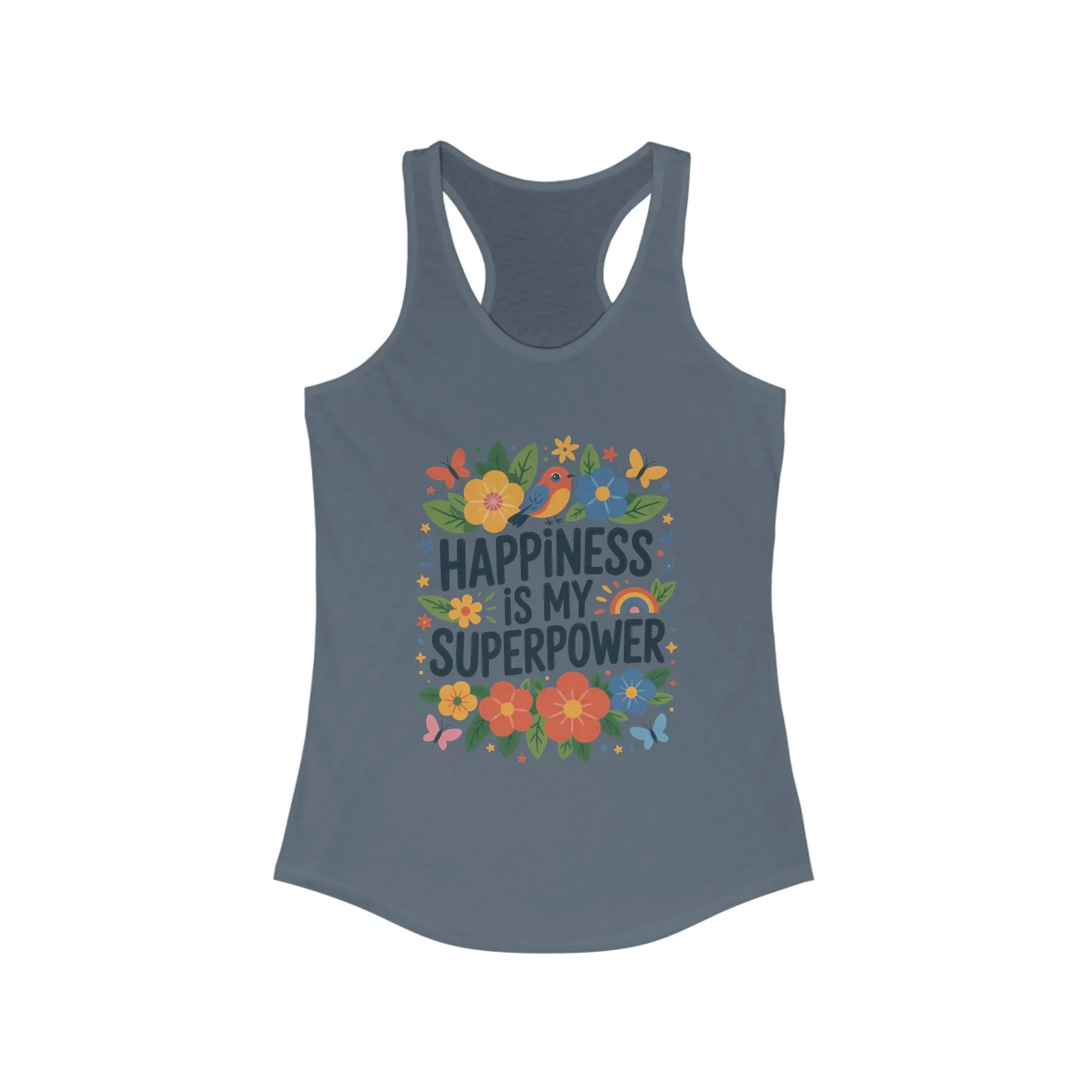 Happiness Is My Superpower Women's Racerback Tank, Inspirational Workout Top, Floral Graphic Tee, Gift for Her, Motivational Summer Wear - Image 13