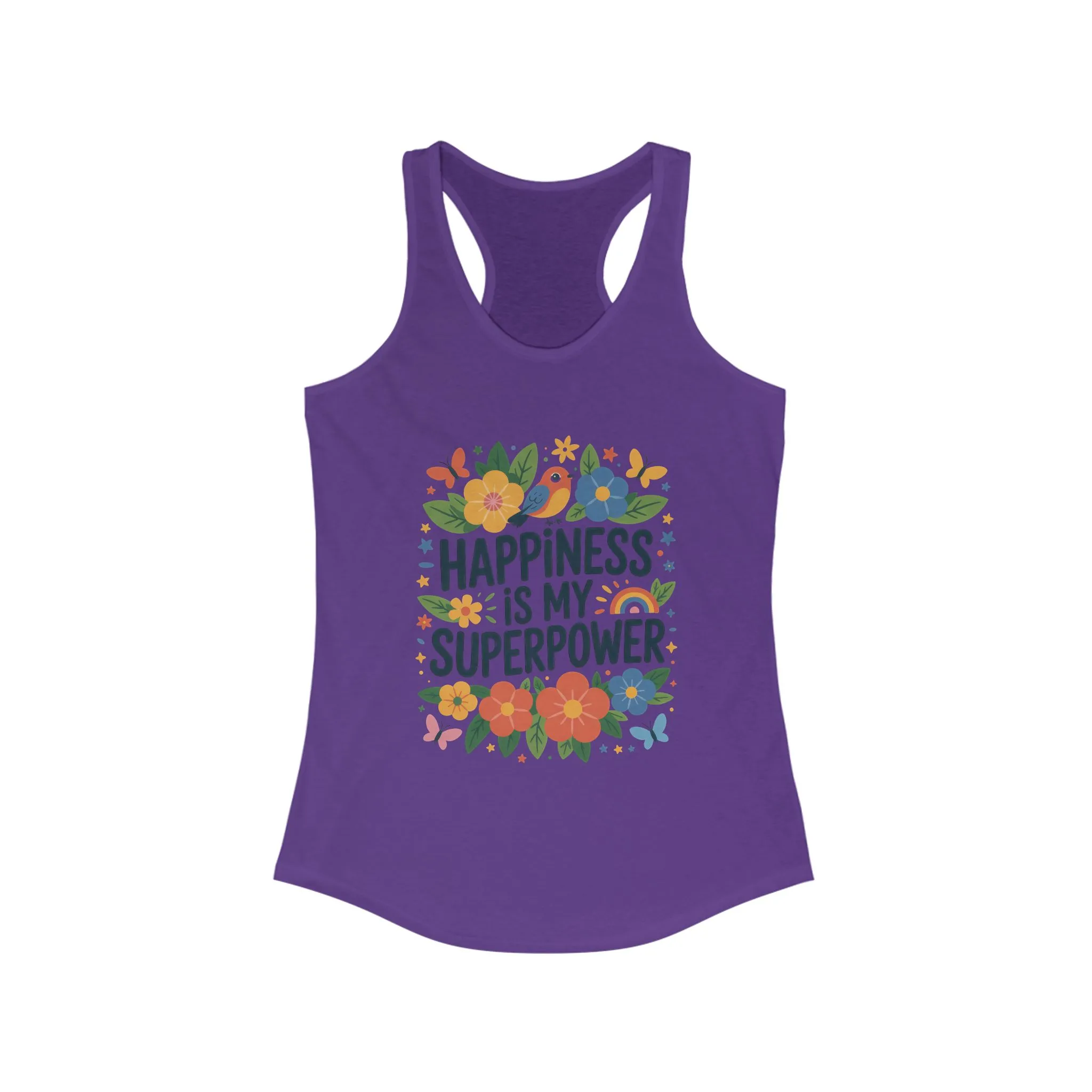 Happiness Is My Superpower Women's Racerback Tank, Inspirational Workout Top, Floral Graphic Tee, Gift for Her, Motivational Summer Wear - Image 15