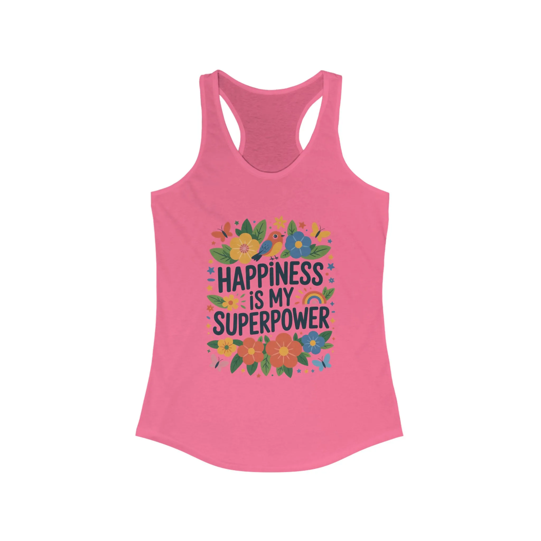 Happiness Is My Superpower Women's Racerback Tank, Inspirational Workout Top, Floral Graphic Tee, Gift for Her, Motivational Summer Wear - Image 17