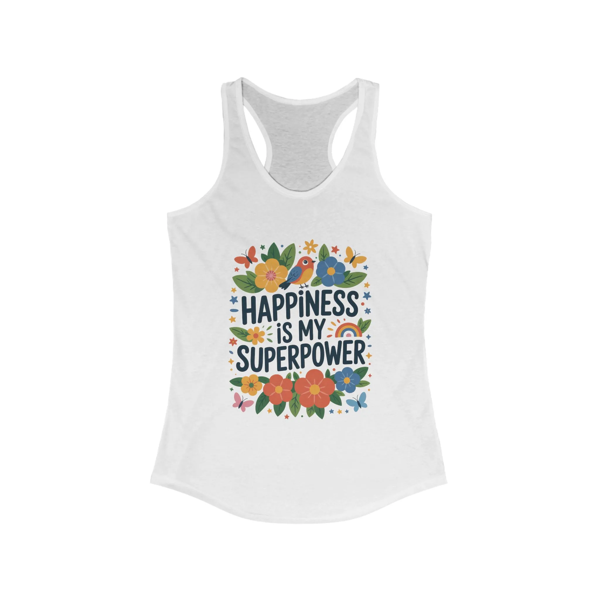 Happiness Is My Superpower Women's Racerback Tank, Inspirational Workout Top, Floral Graphic Tee, Gift for Her, Motivational Summer Wear - Image 3