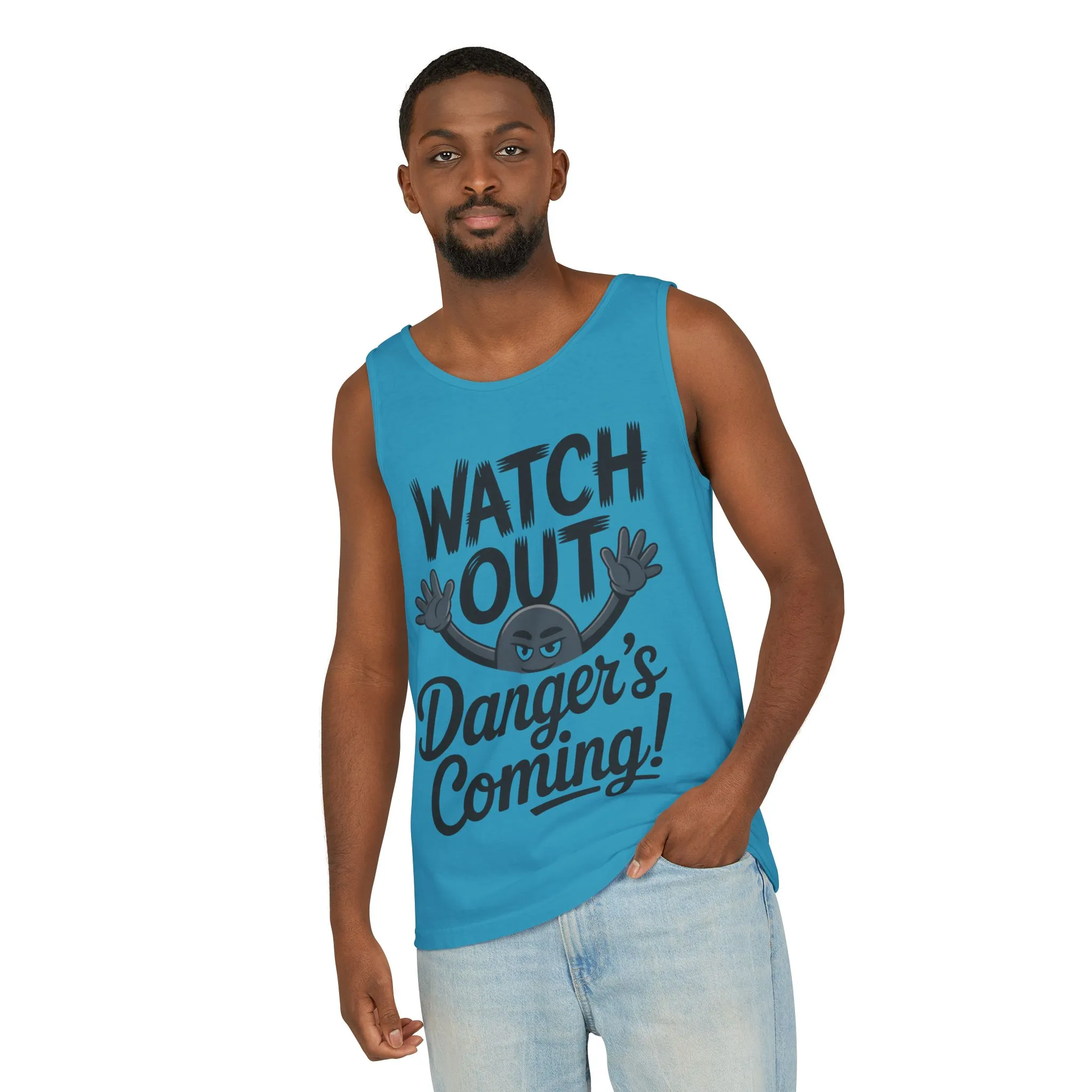 Watch Out! Danger's Coming, Mens Garment-Dyed Tank Top, Summer Tank, Trendy Mens Top, Fun Graphic Tee, Casual Wear, Gift for Him - Image 20