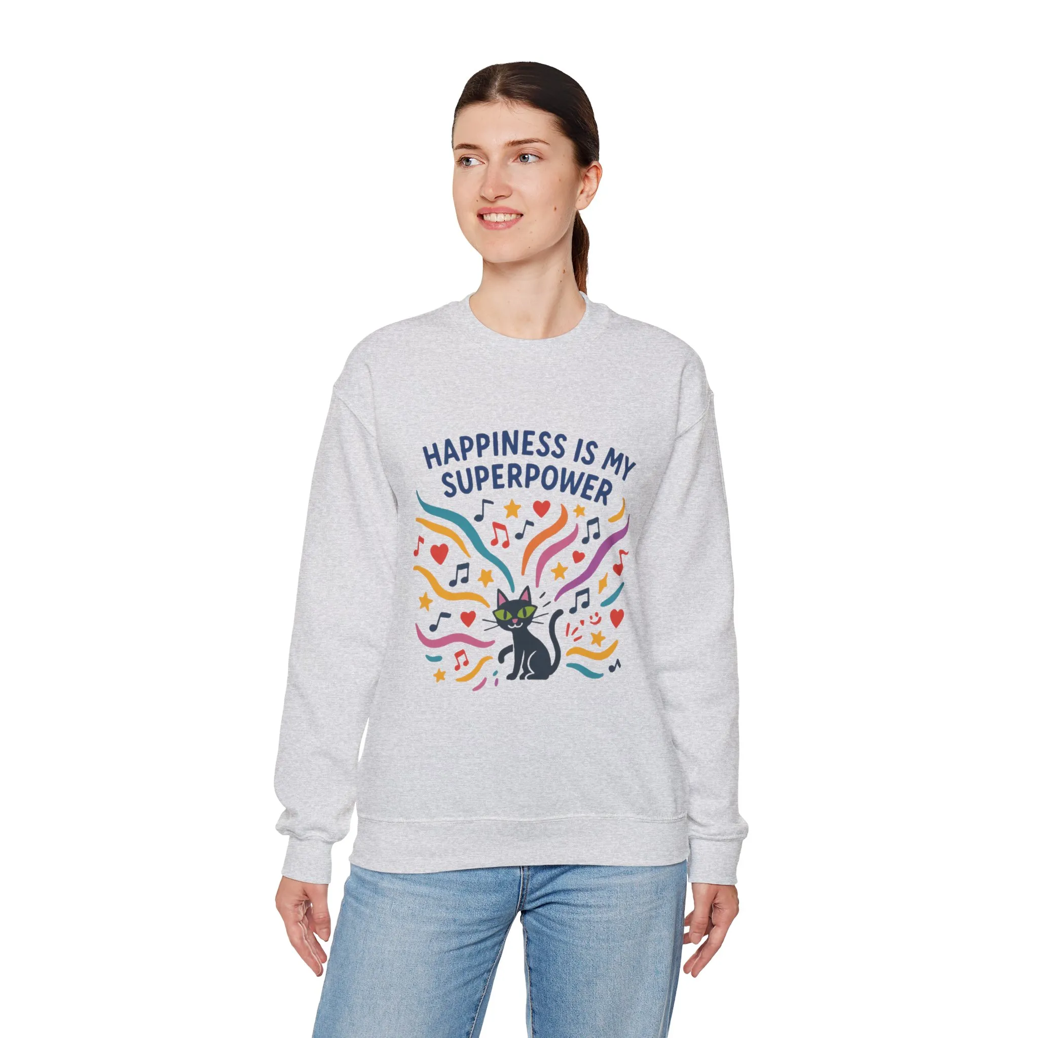 Playful Cat Crewneck Sweatshirt, Happiness is My Superpower, Cozy Sweatshirt, Gift for Cat Lovers, Fun Casual Style, Unique Animal Design - Image 9