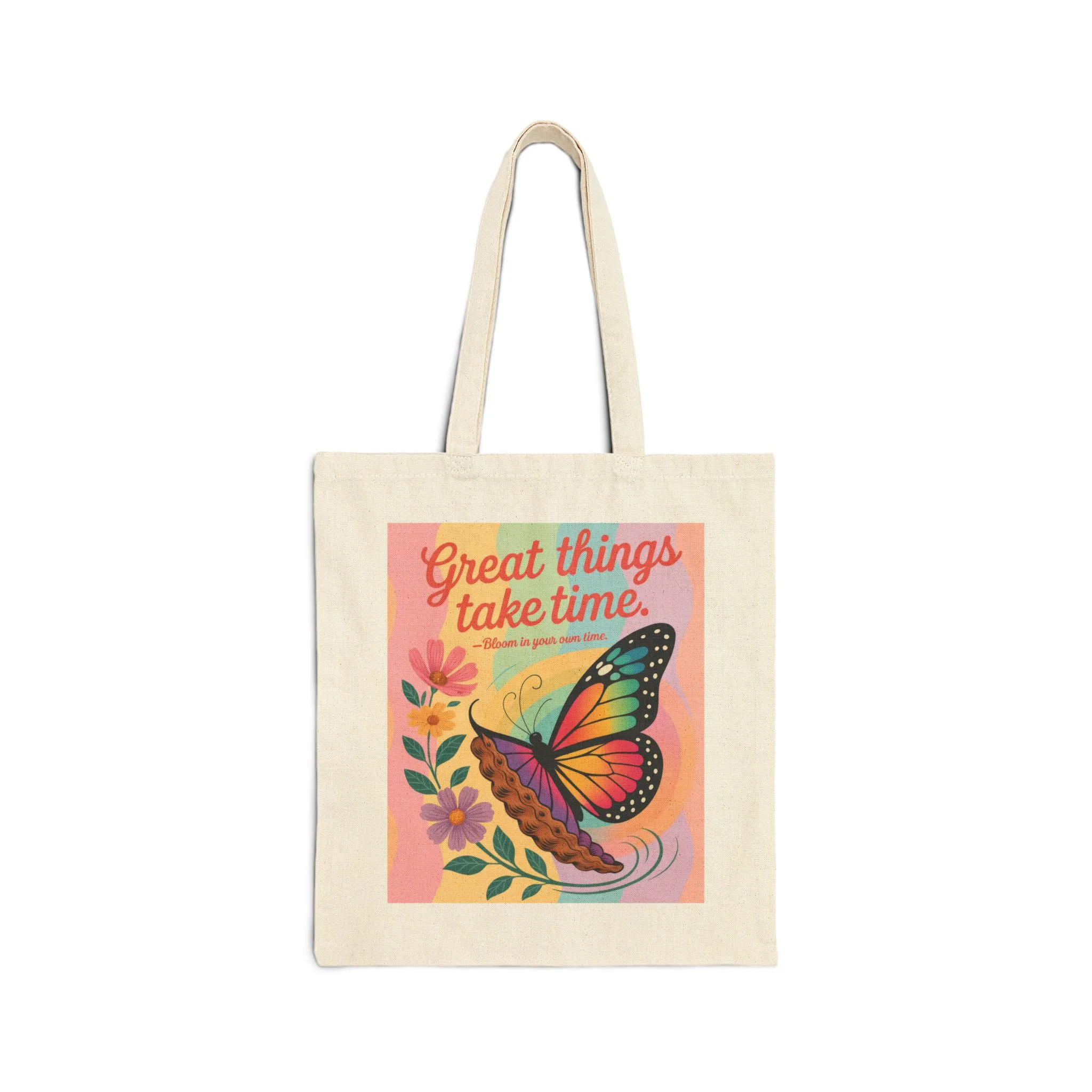 Great Things Take Time Tote Bag, Butterfly & Flower Cotton Canvas Bag, Motivational Quote Tote, Inspirational Gift for Women, Boho Style Bag