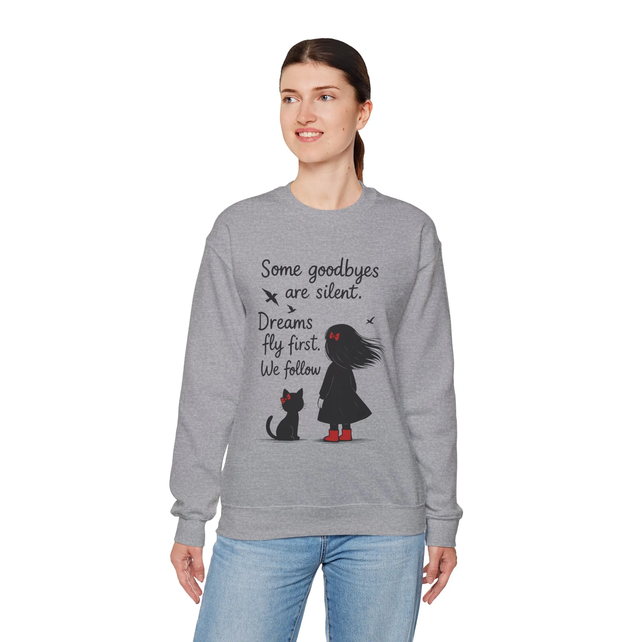 Cozy Farewell Girl & Cat Pullover, Hand Drawn Red Dress Art, Minimalist Womens Crewneck - Image 3