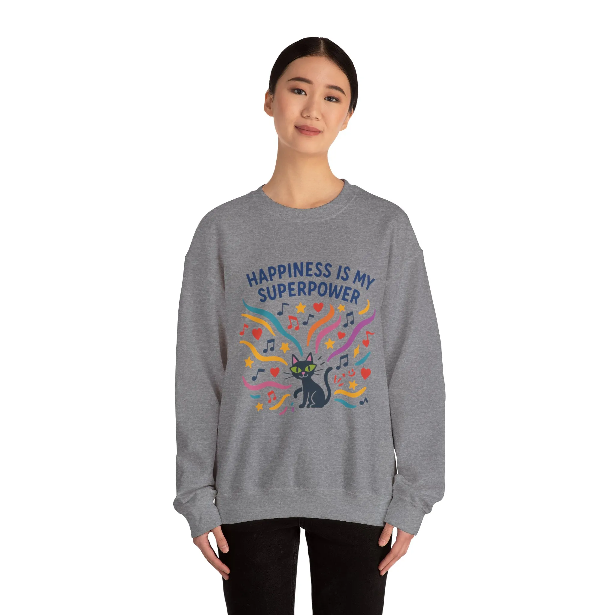 Playful Cat Crewneck Sweatshirt, Happiness is My Superpower, Cozy Sweatshirt, Gift for Cat Lovers, Fun Casual Style, Unique Animal Design - Image 14