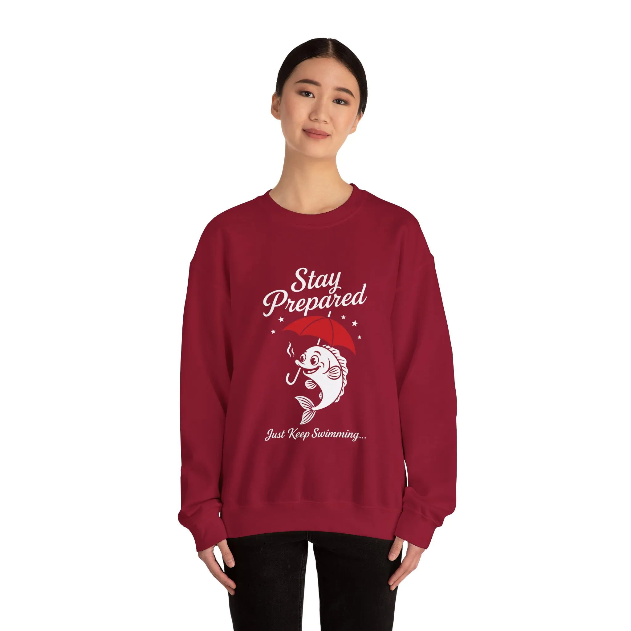 Funny Fish Womens Crewneck Sweatshirt - Stay Prepared Just Keep Swimming Nautical Pullover - Cozy Positive Gift, Fishing Humor - Image 26