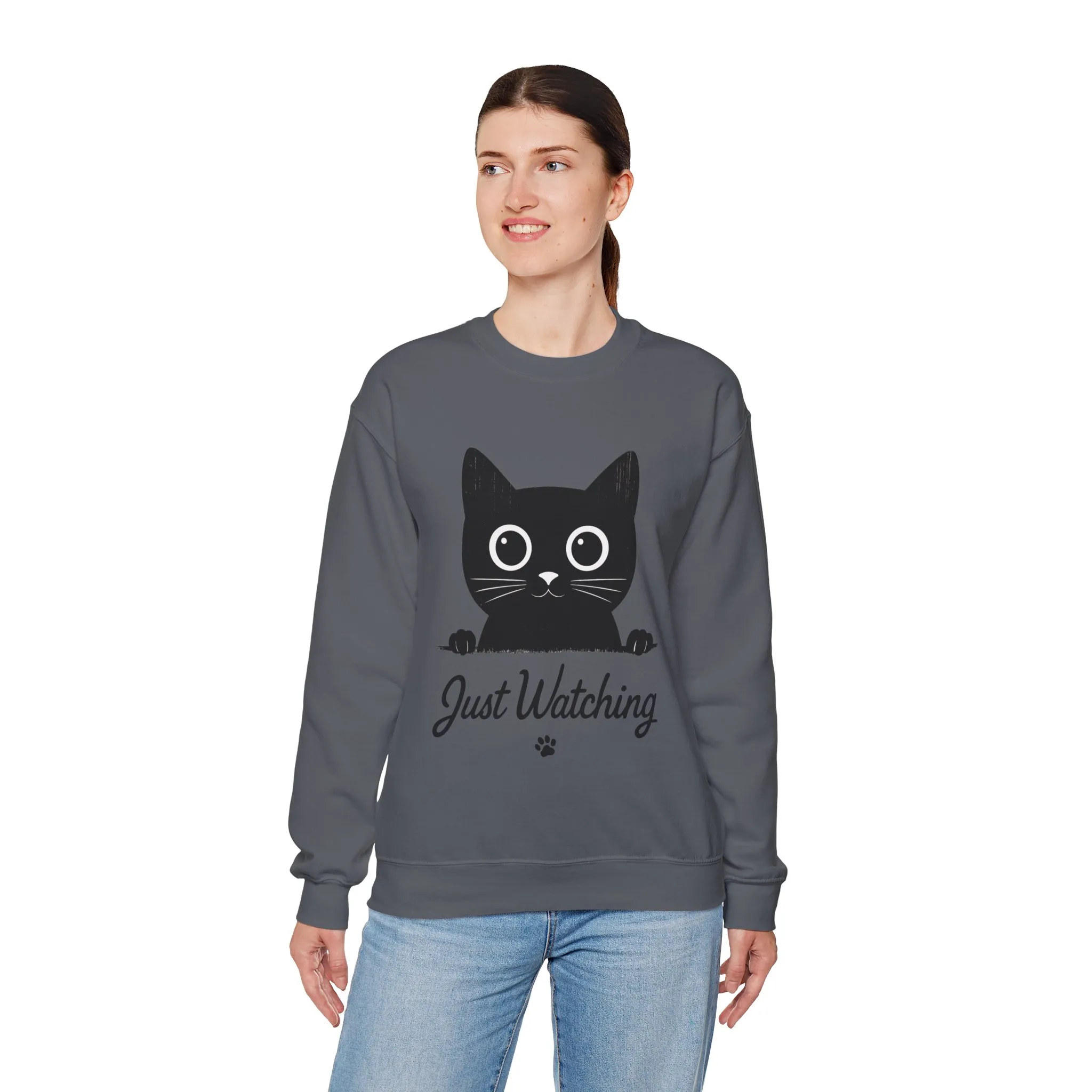Funny Black Cat Womens Crewneck Sweatshirt - Just Watching Minimalist Kitty Pullover - Cozy Cat Lover Gift, Pet Owner Apparel - Image 18