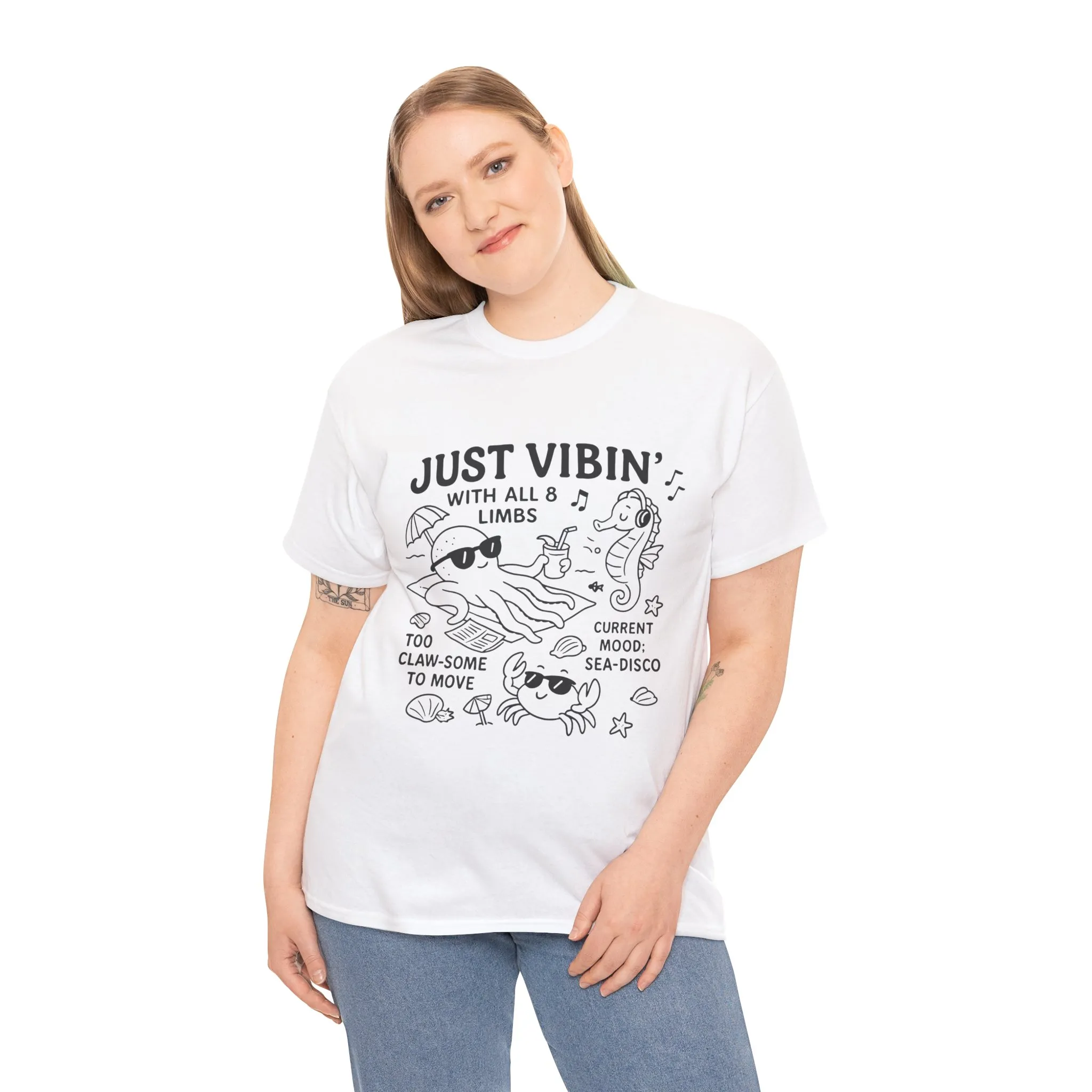 Just Vibin Womens T-Shirt, Cute Octopus & Sea Animals Graphic Tee, Funny Sea Disco Summer Shirt, Beach Vibes Gift for Her, Ocean Theme - Image 6