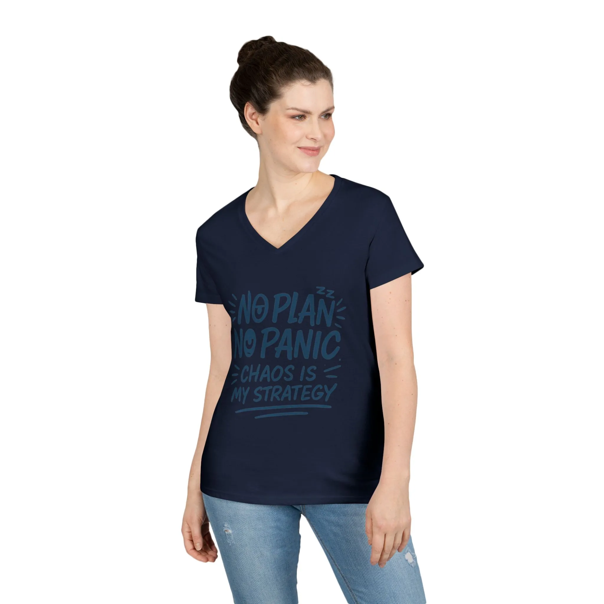 Ladies' V-Neck T-Shirt - "No Plan No Panic" Casual Tee, Everyday Wear, Gift for Friends, Relaxed Style, Funny Motivational Top - Image 12