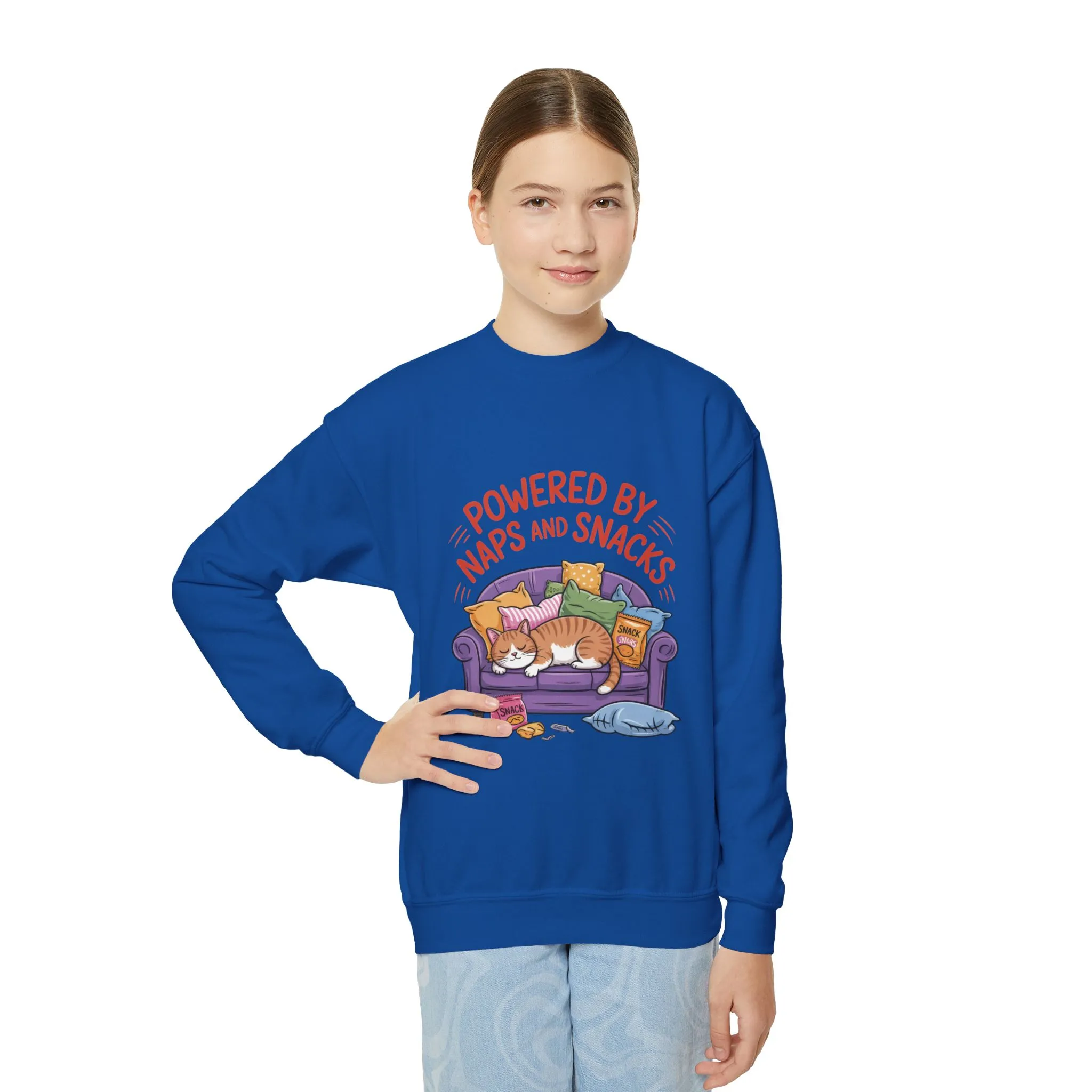 Youth Sweatshirt - Powered by Naps and Snacks, Cozy Apparel for Kids, Perfect for Chill Days, Gift for Cat Lovers, Funny Sweatshirt - Image 12