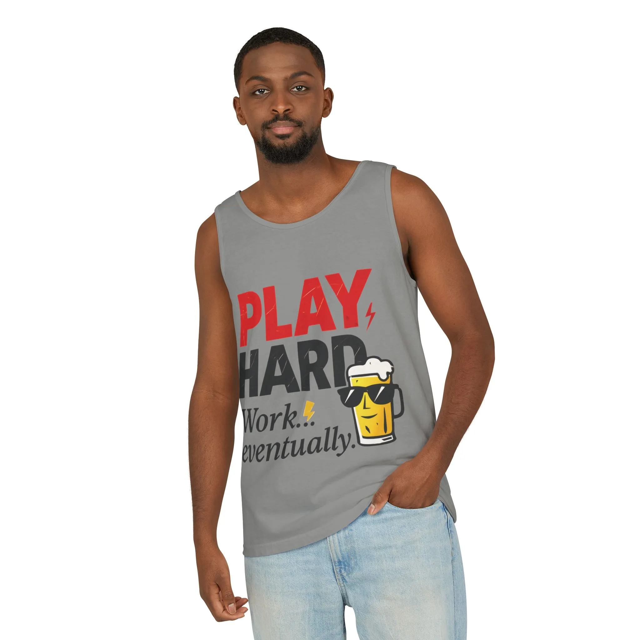 Casual Tank Top with Play Hard Print, Fun Summer Apparel, Gift for Dad or Friends, Beach Wear, Workout Top, Party Attire - Image 23