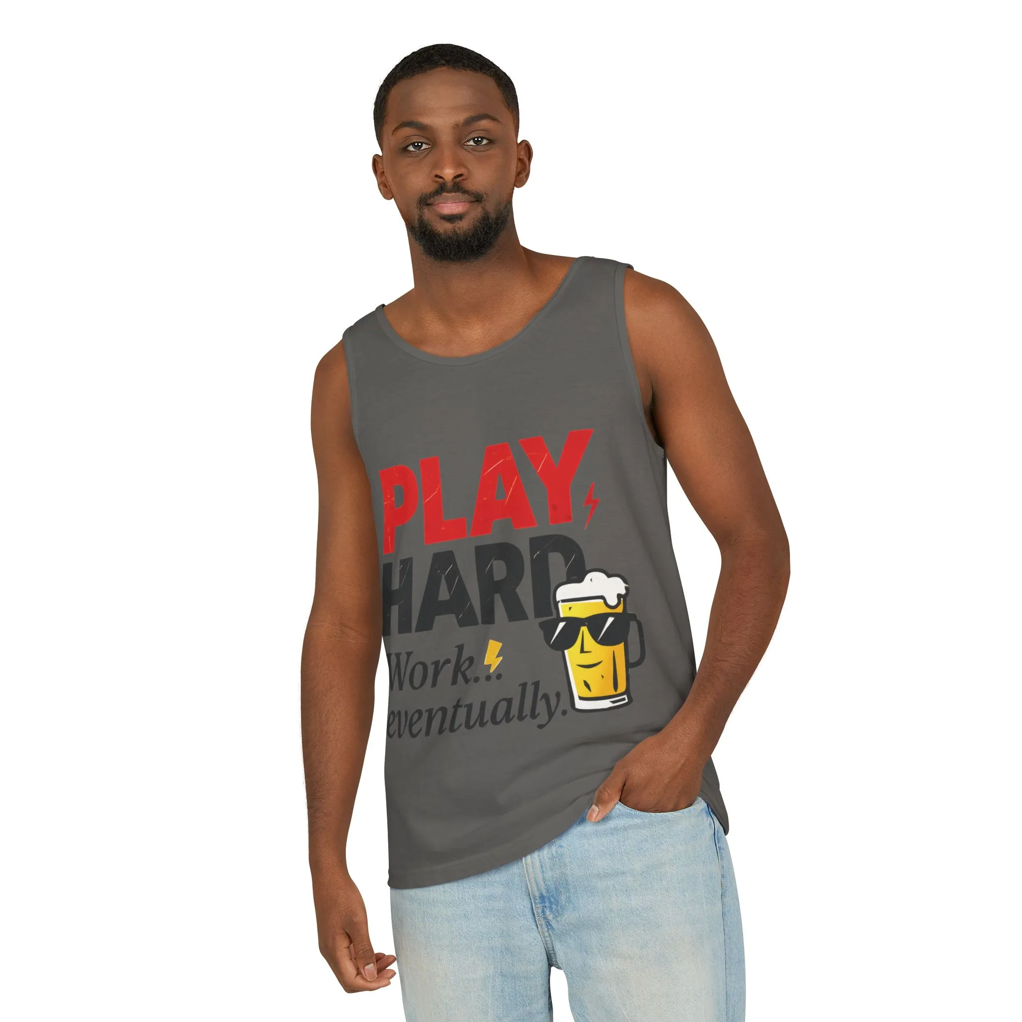 Casual Tank Top with Play Hard Print, Fun Summer Apparel, Gift for Dad or Friends, Beach Wear, Workout Top, Party Attire - Image 11