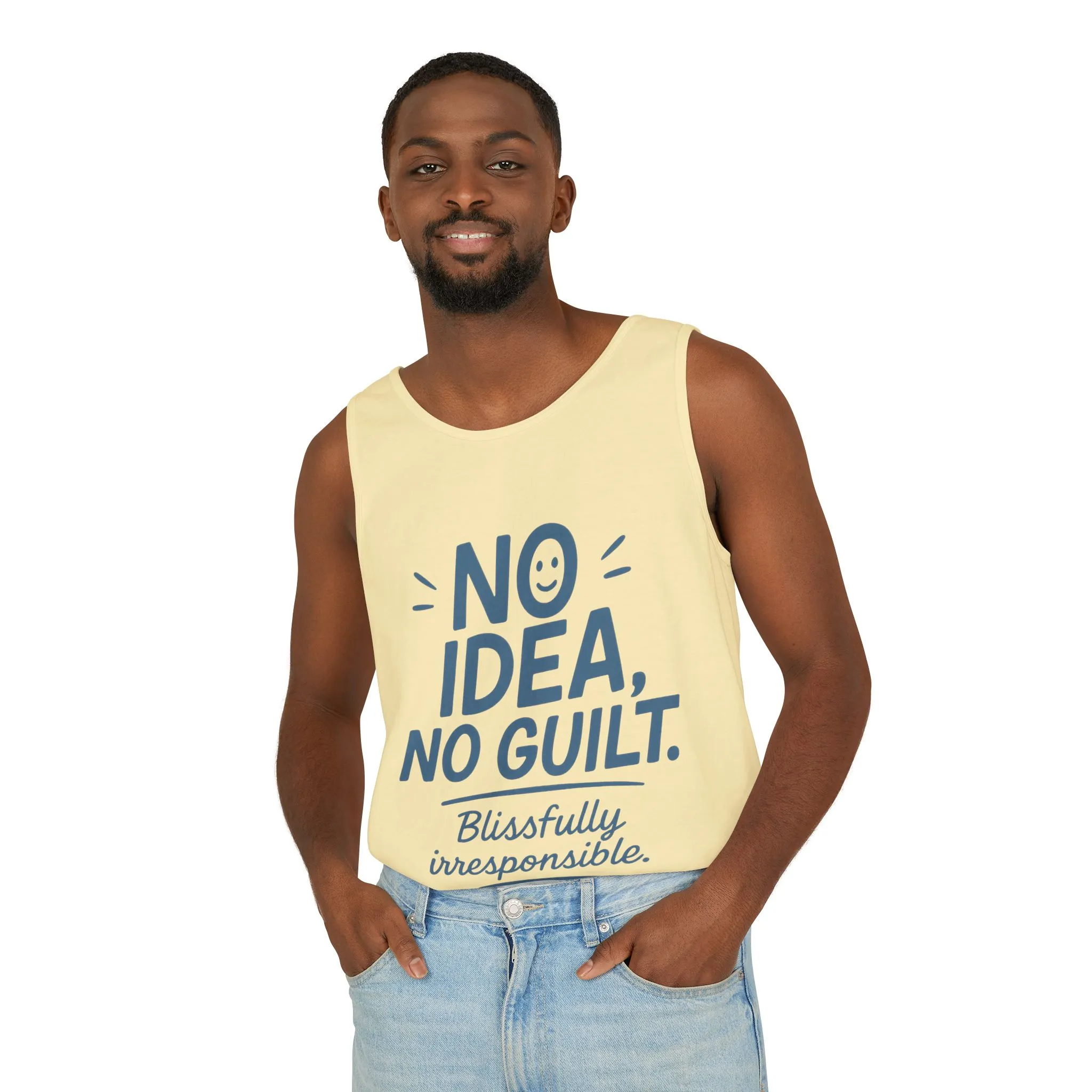 Mens Funny Tank Top, No Idea No Guilt Quote, Blissfully Irresponsible Gym Shirt, Casual Sleeveless Top, , Fun Party Shirt - Image 3