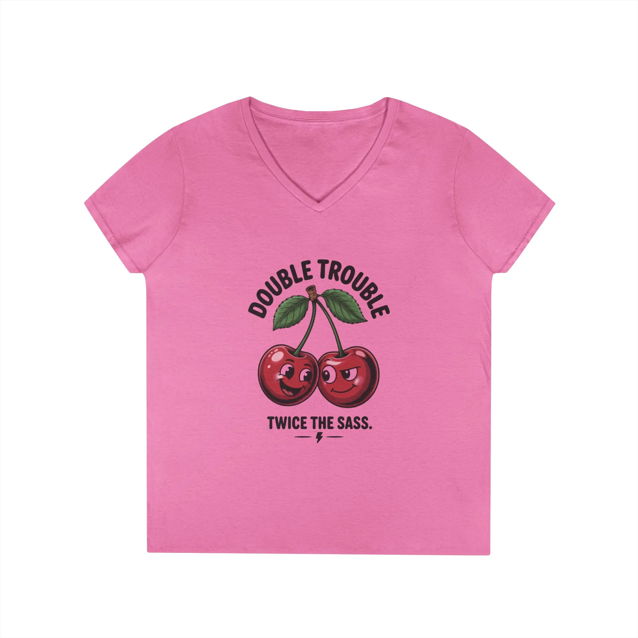 Double Trouble Cherry Ladies V-Neck T-Shirt, Funny Cute Womens T-Shirt, Twice the Sass Quote Shirt, Sassy Cherry Cartoon Gift - Image 13
