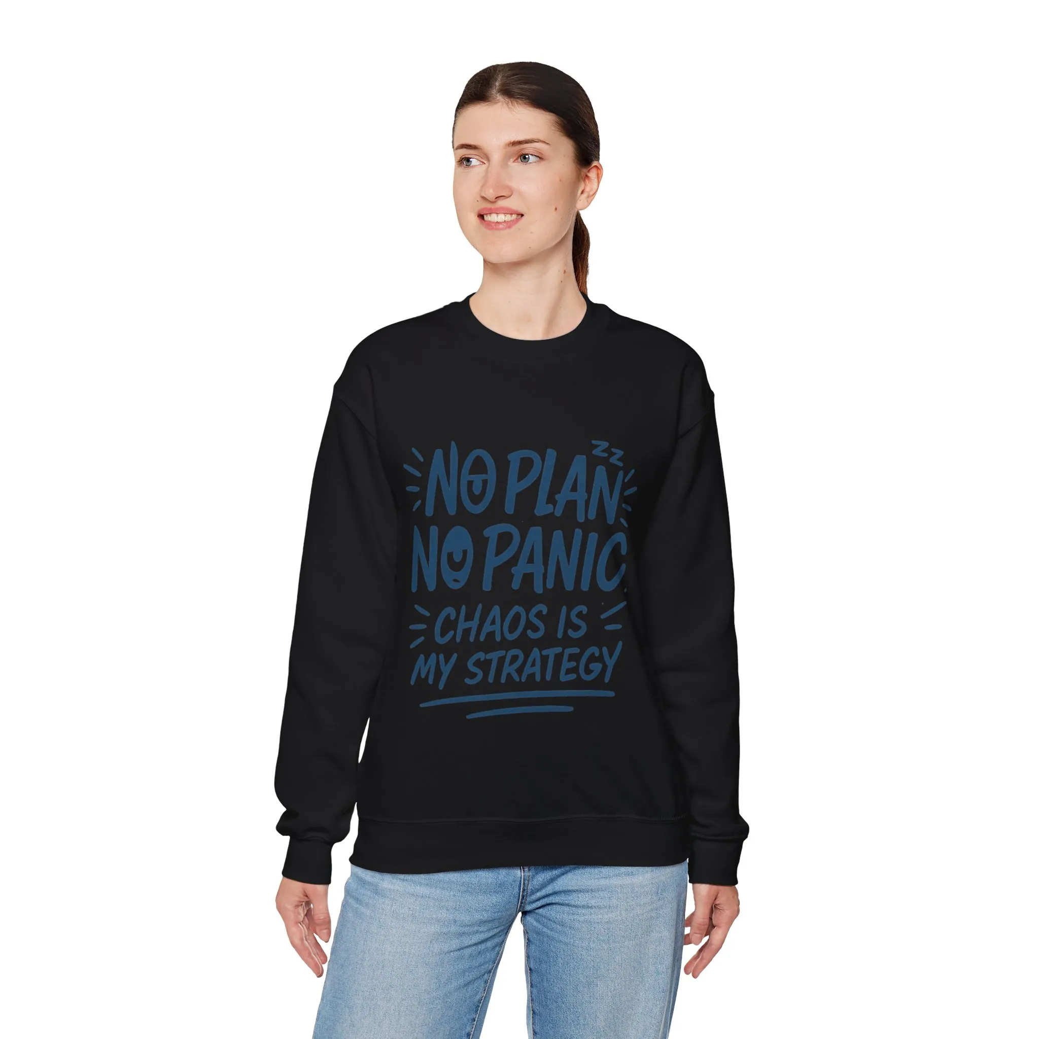 Funny Women's Crewneck Sweatshirt, Chaos Strategy Sweatshirt, No Plan No Panic, Cute Winter Layering for Women, Humorous Gift Idea - Image 33