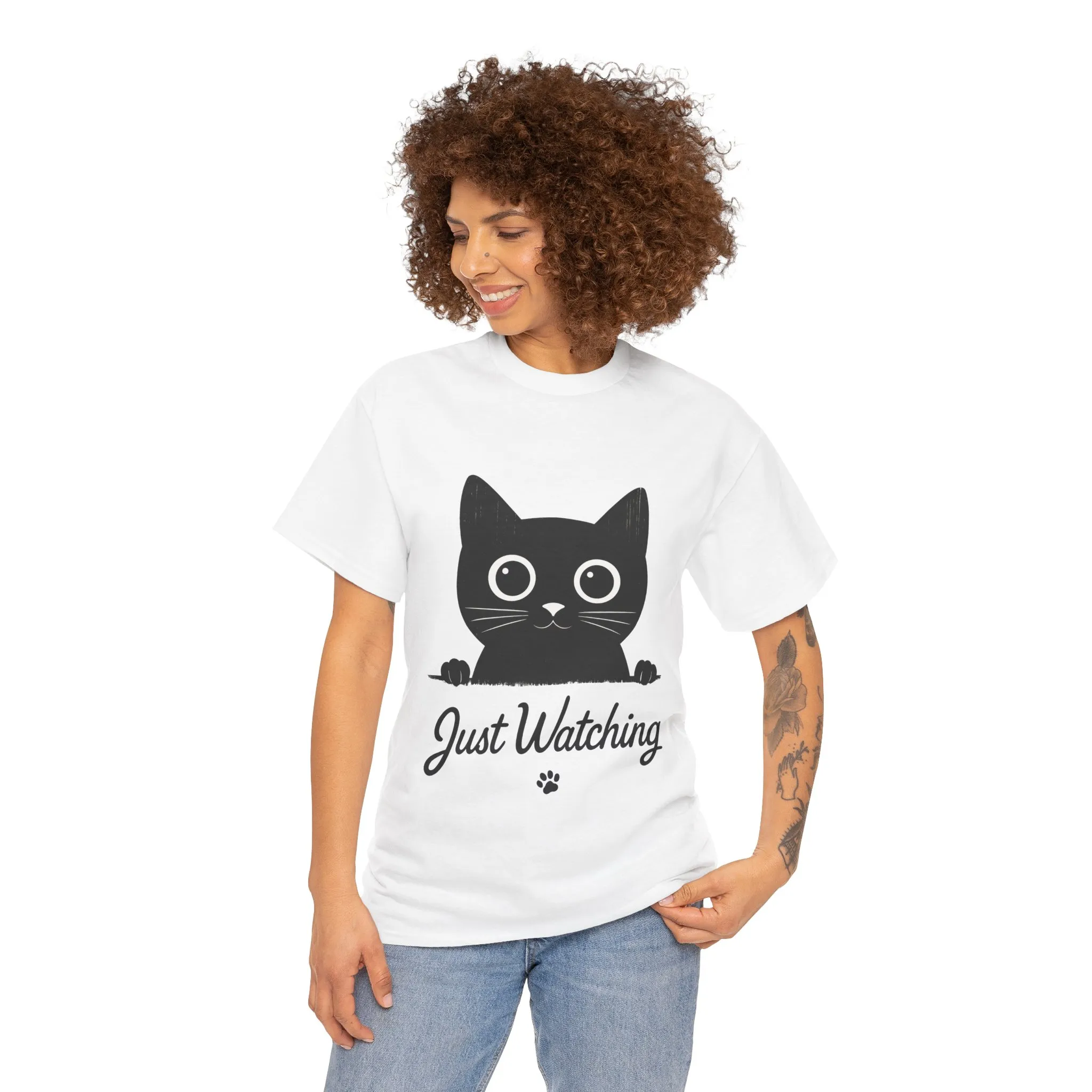 Cute Black Cat Shirt for Women - Just Watching Minimalist Kitty Tee - Funny Cat Lover Gift, Funny Pet Lover Gift, Animal Lover Tee