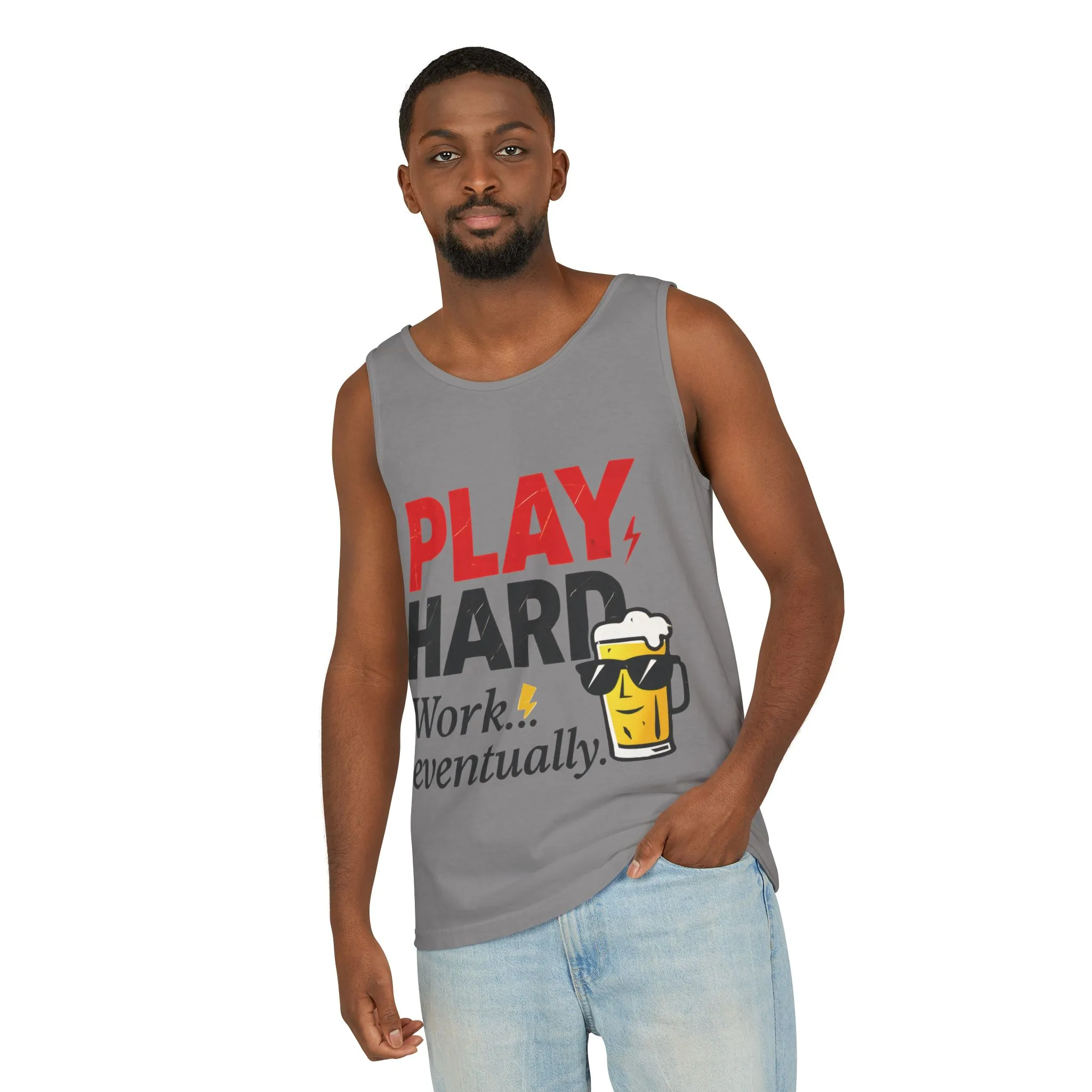 Casual Tank Top with Play Hard Print, Fun Summer Apparel, Gift for Dad or Friends, Beach Wear, Workout Top, Party Attire - Image 14