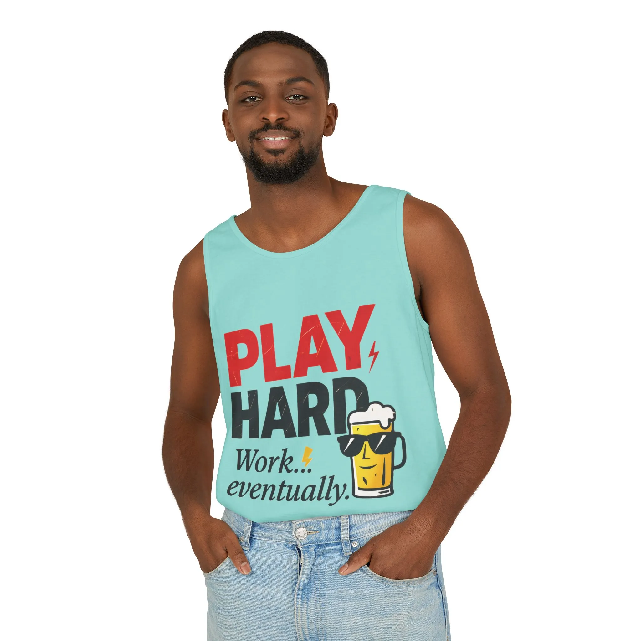 Casual Tank Top with Play Hard Print, Fun Summer Apparel, Gift for Dad or Friends, Beach Wear, Workout Top, Party Attire - Image 36