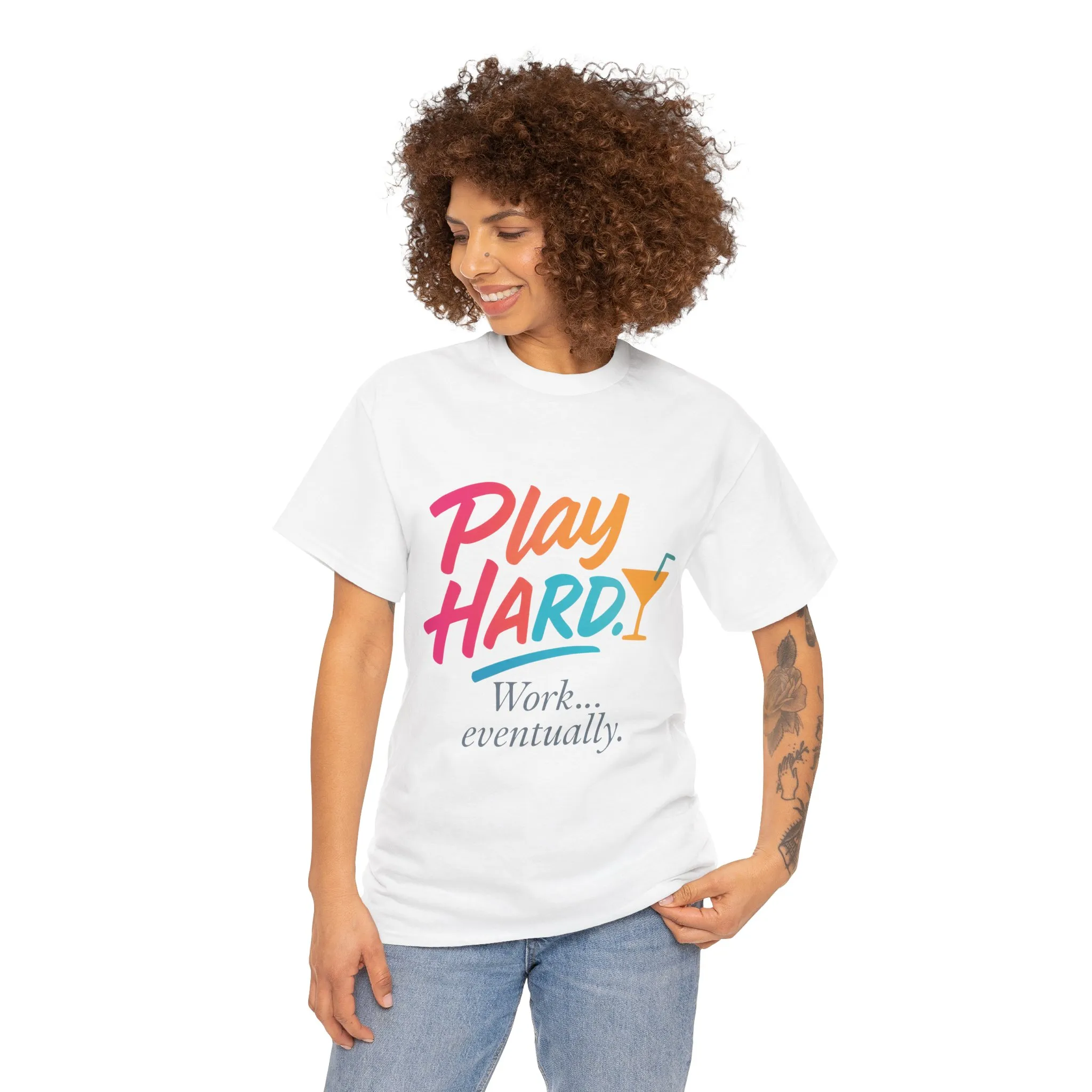 Play Hard Work Eventually T-Shirt, Funny Cocktail Graphic Tee, Pink Womens Party Shirt, Relaxed Vacation Top - Image 5