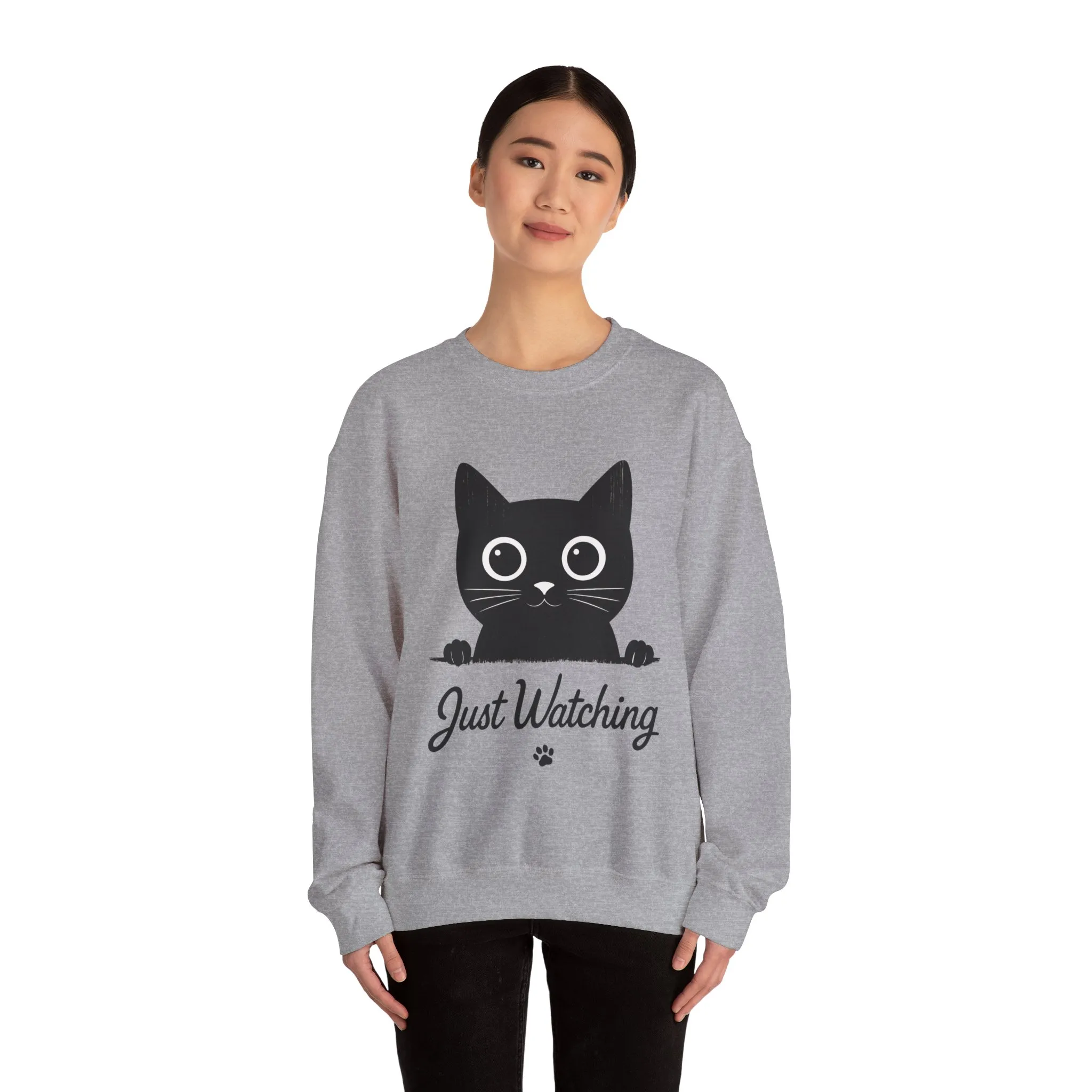 Funny Black Cat Womens Crewneck Sweatshirt - Just Watching Minimalist Kitty Pullover - Cozy Cat Lover Gift, Pet Owner Apparel - Image 5