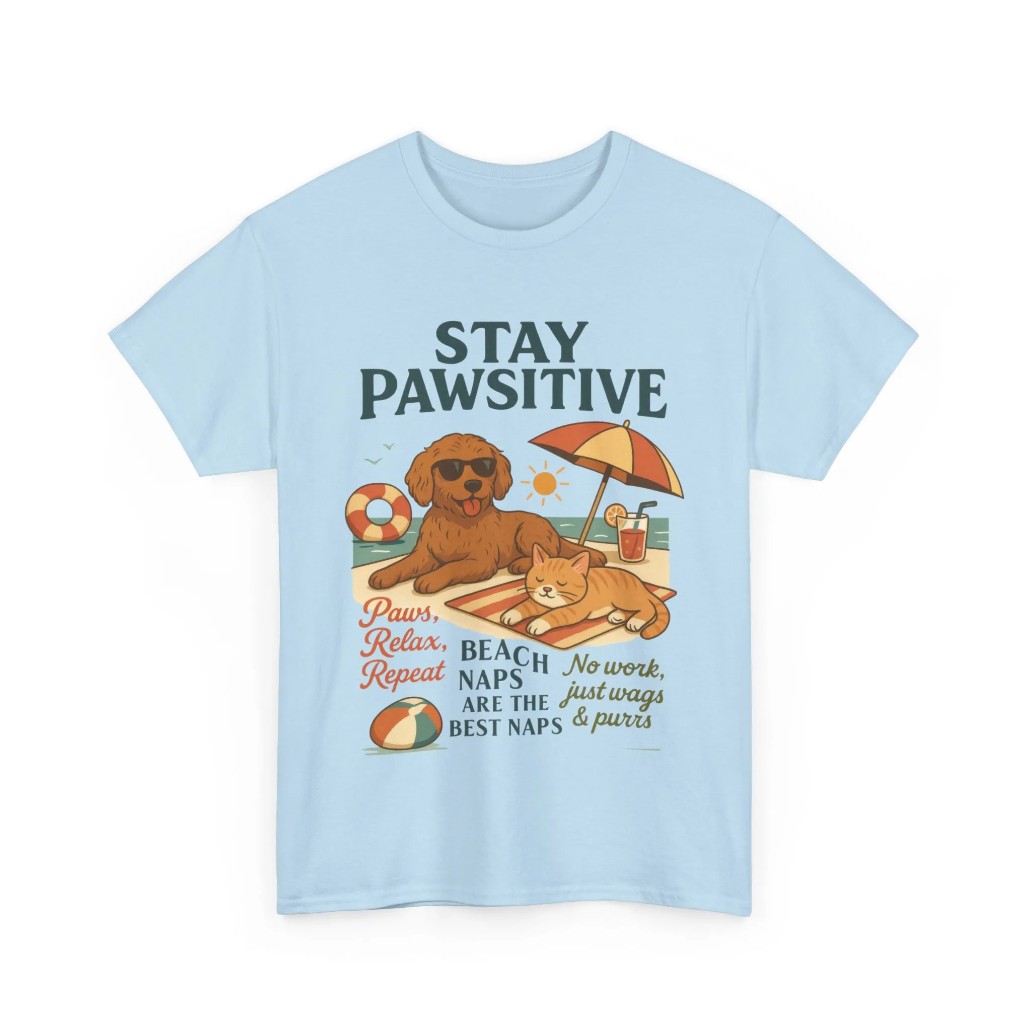 Stay Pawsitive Womens T-Shirt, Cute Dog & Cat Beach Shirt, Summer Pet Lover Tee, Animal Graphic Heavy Cotton Tee, Fun Pet Lovers Gift - Image 2