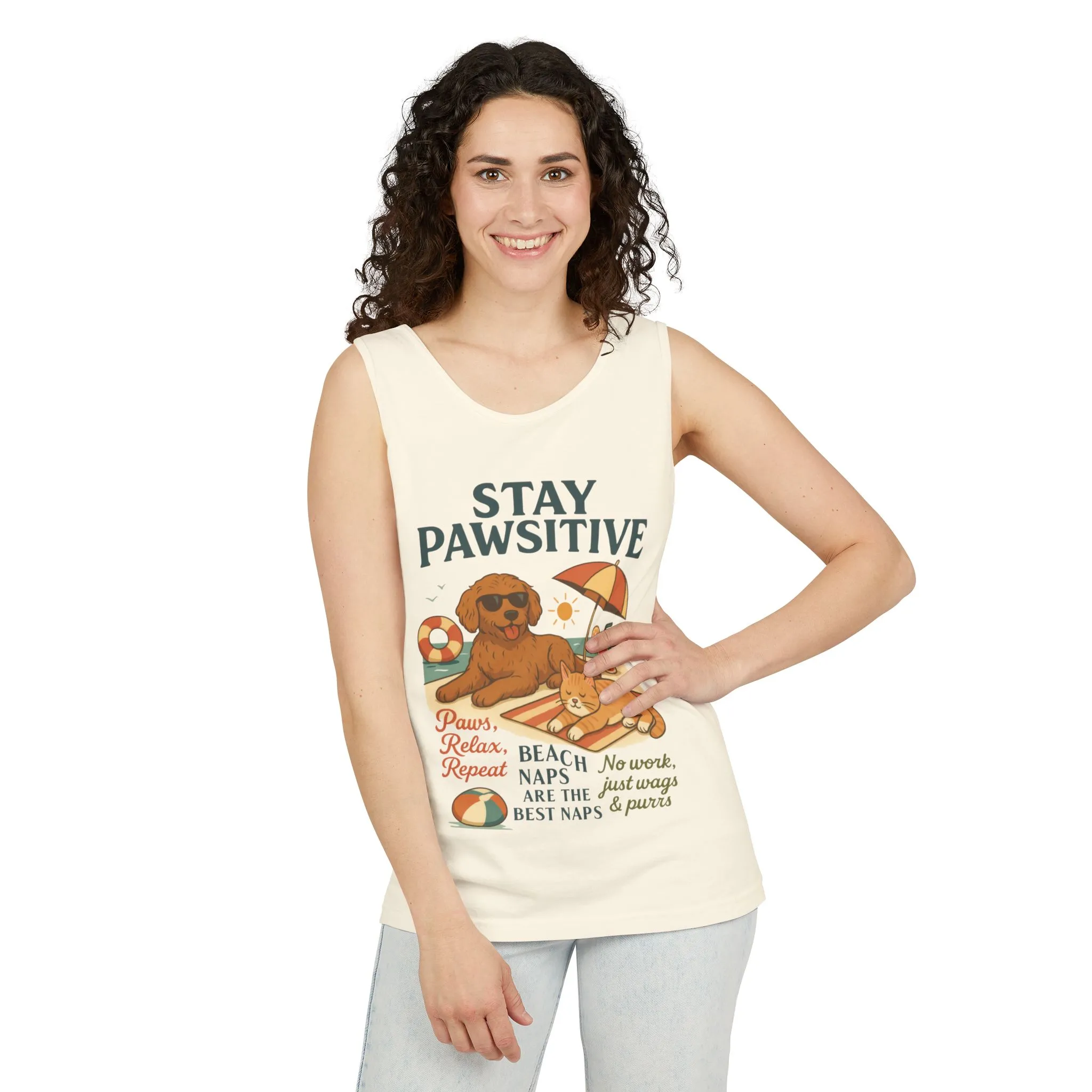 Stay Pawsitive Womens Tank, Cute Dog & Cat Beach Tee, Summer Pet Lover Tee, Animal Graphic Heavy Cotton Tee, Fun Pet Lovers Gift, Summer Top