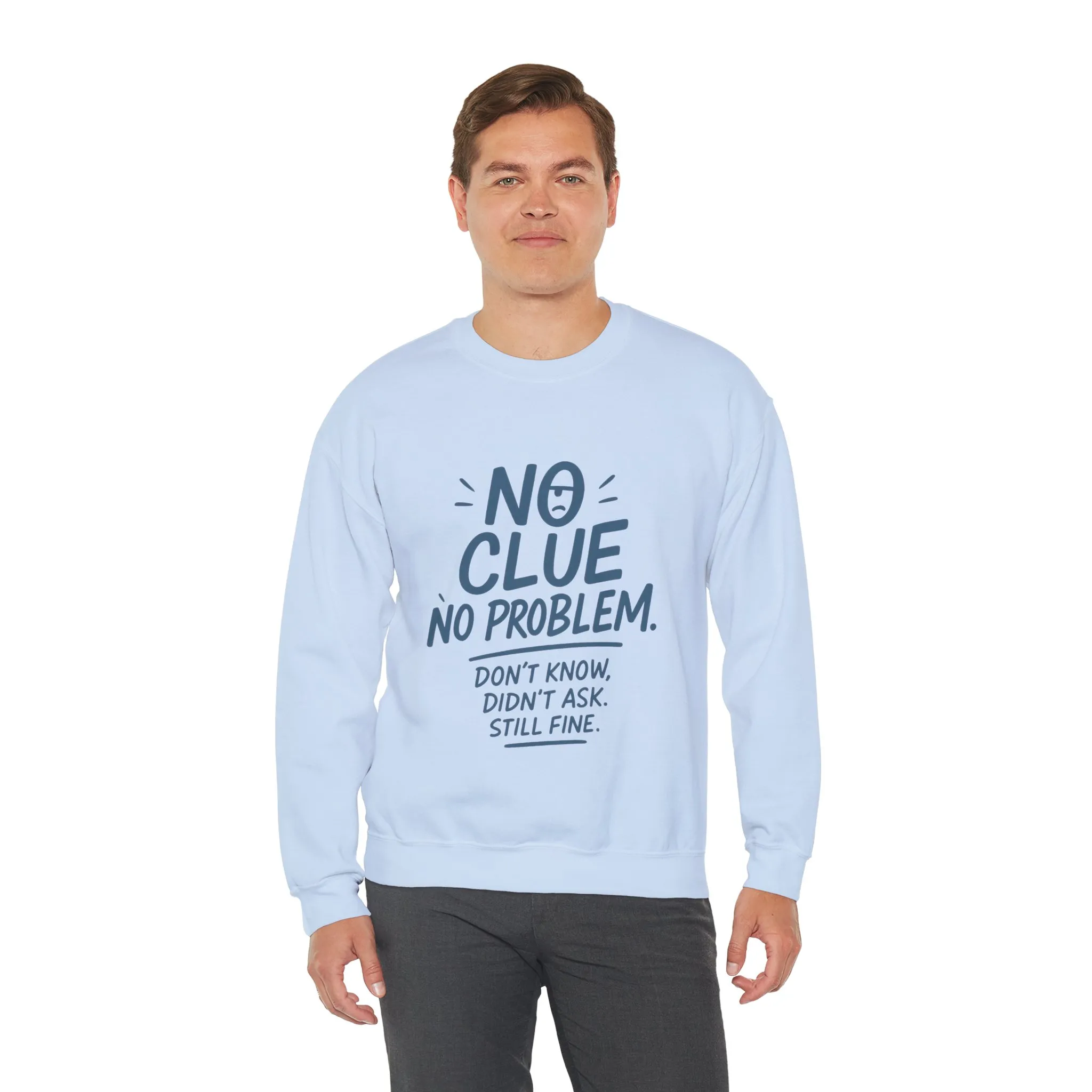 Funny Mens Crewneck Sweatshirt, No Clue No Problem Quote, Dont Know Didnt Ask, Cozy Relaxed Fit Pullover, Funny Casual Pullover