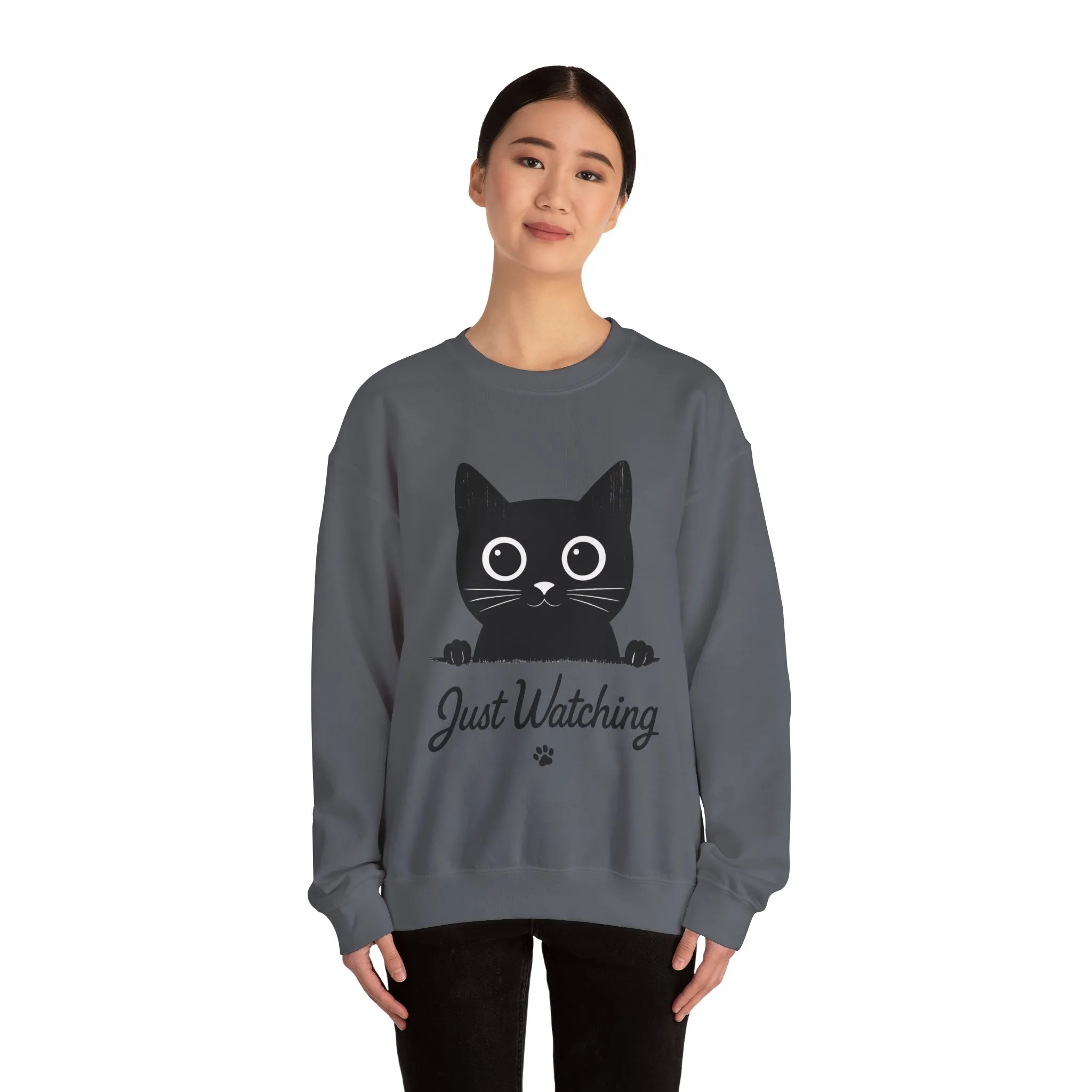 Funny Black Cat Womens Crewneck Sweatshirt - Just Watching Minimalist Kitty Pullover - Cozy Cat Lover Gift, Pet Owner Apparel - Image 17